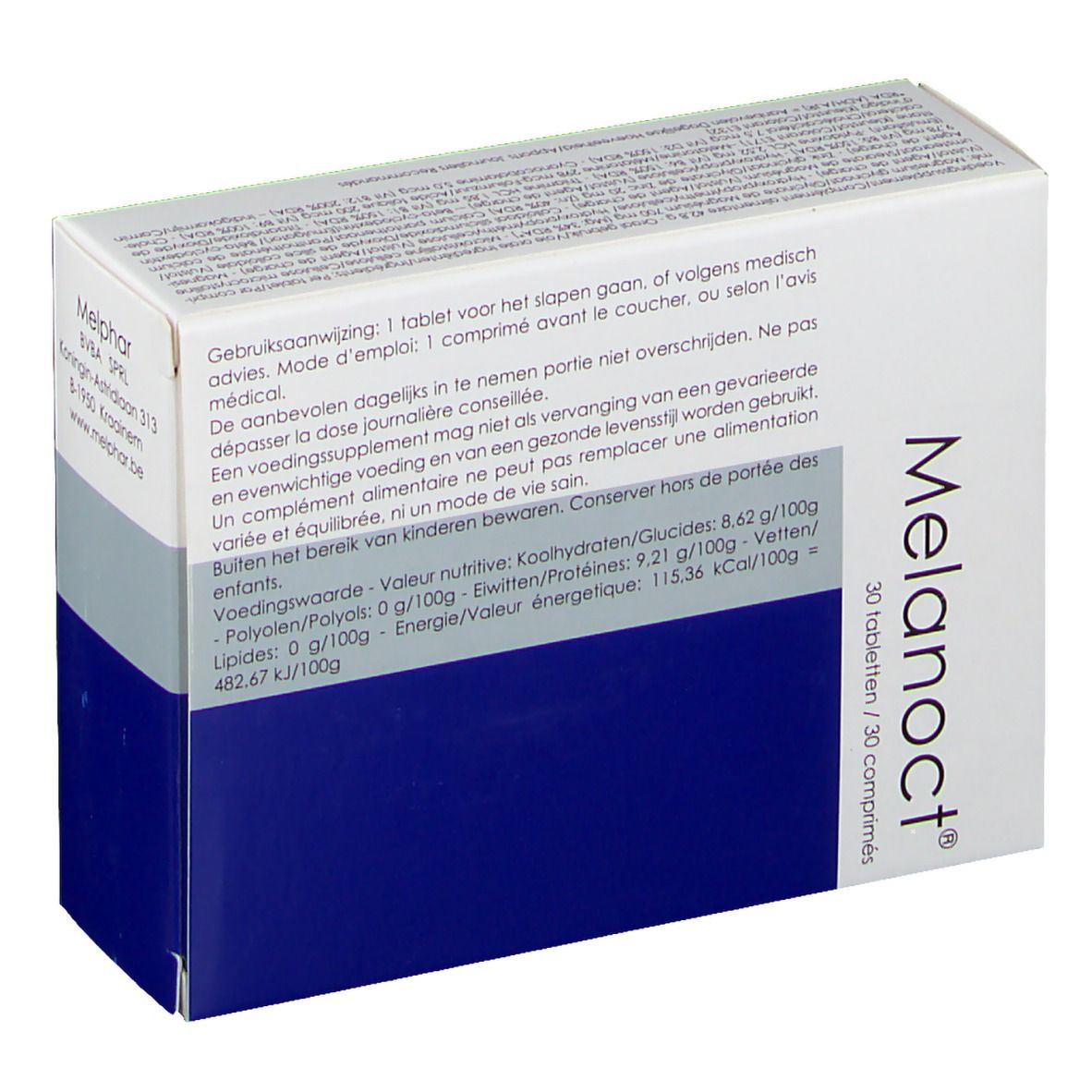 Scatola "Melanoct®" con 30 compresse. Bianco, grigio e blu. Informazioni nutrizionali. Testo in tedesco e francese.