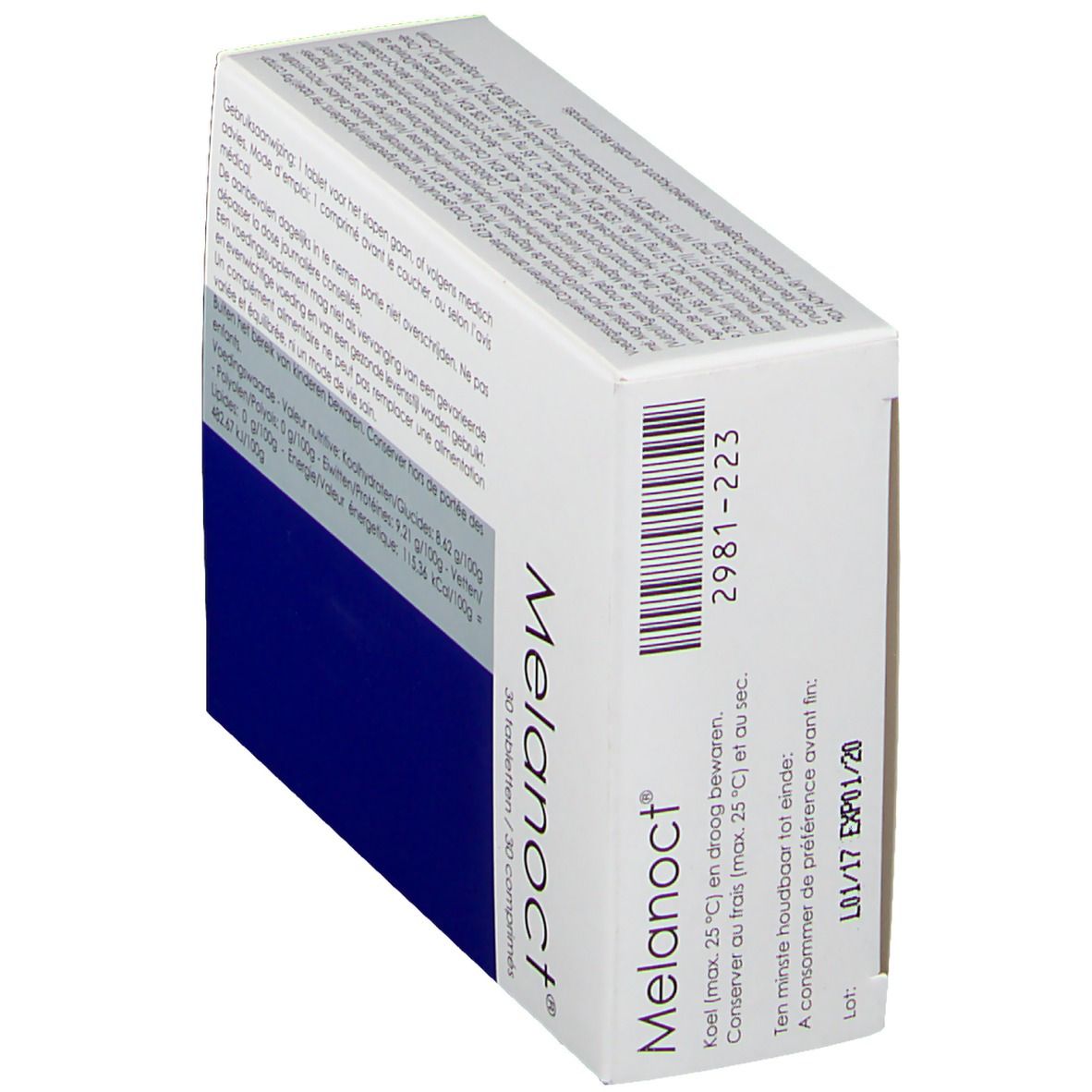 Scatola "Melanoct®" con 30 compresse. Bianco, grigio e blu. Codice a barre e scadenza. Testo in tedesco e francese.