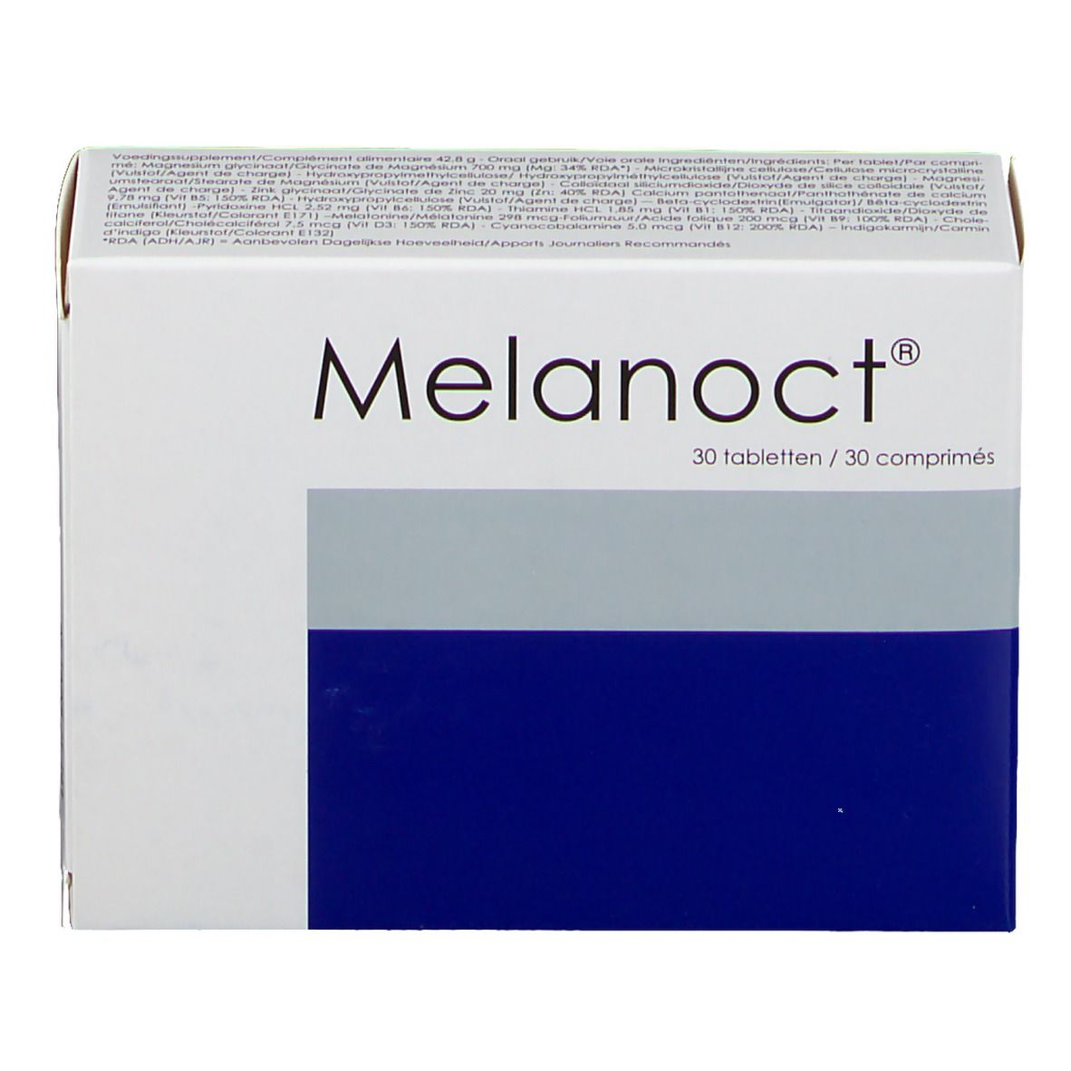 Scatola "Melanoct®" con 30 compresse. Bianco, grigio e blu. Testo in tedesco e francese.