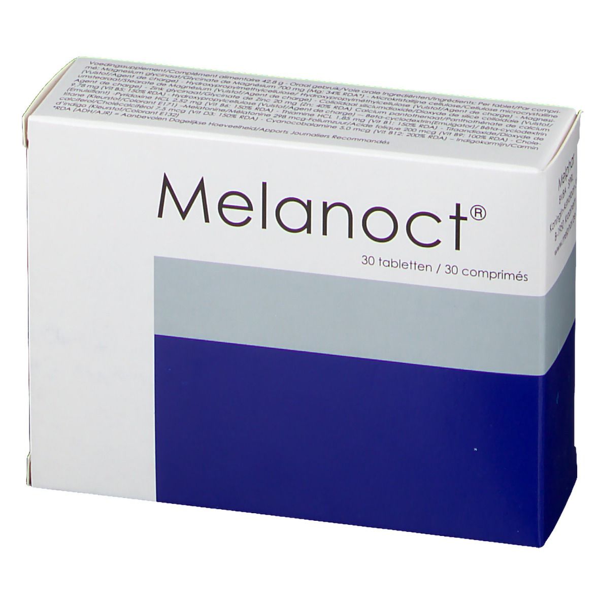 Scatola "Melanoct®" con 30 compresse. Bianco, grigio e blu. Testo in tedesco e francese.