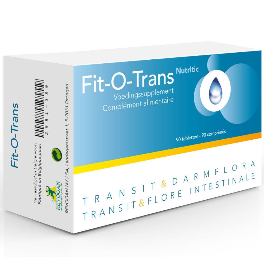 Witte doos met blauwe en gele graphics. Opschrift: Fit-O-Trans, voedingssupplement, 90 tabletten. Merk: Nutritic.
