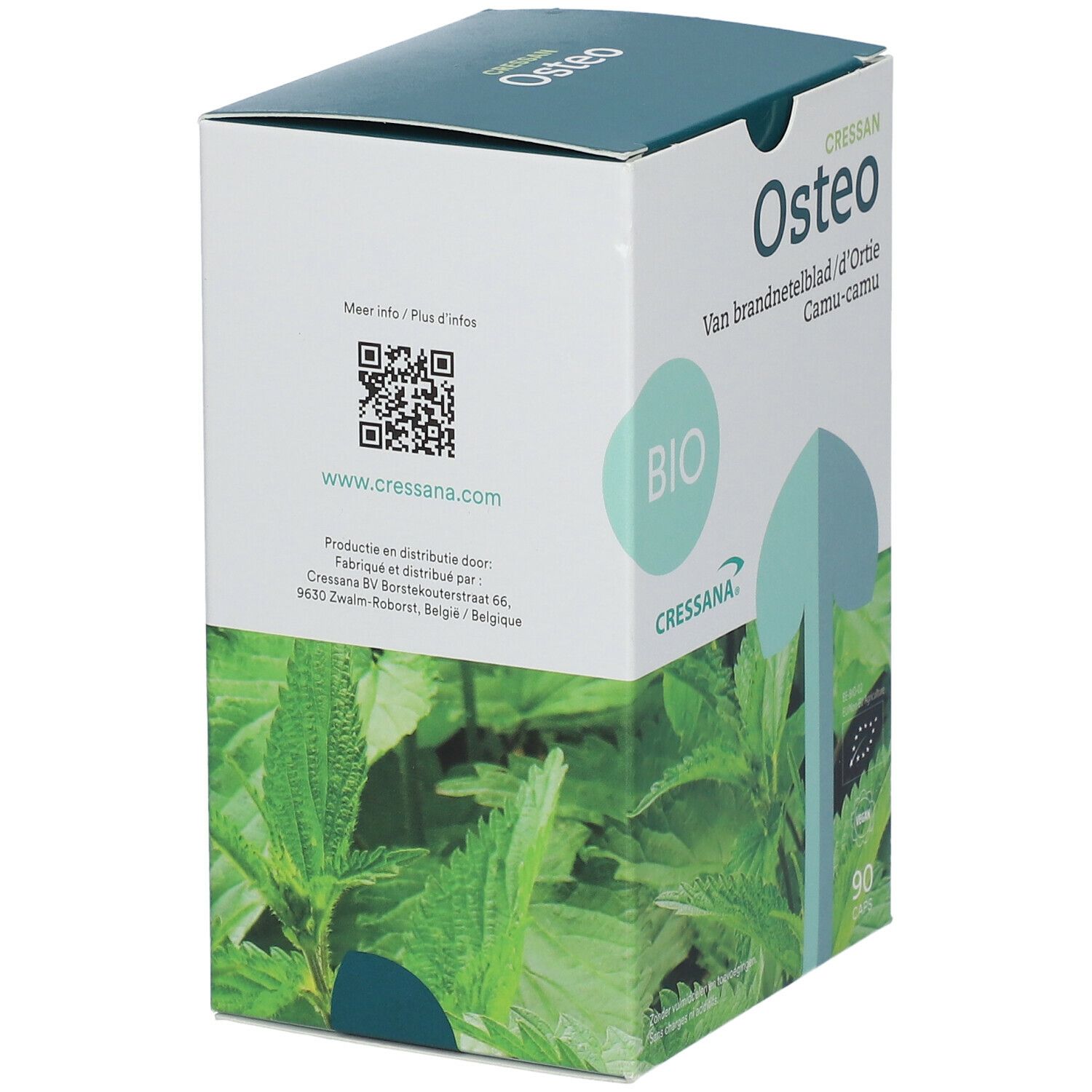 Dos de la boîte Cressana Osteo. Code QR, adresse du site web, informations fabricant, 90 gélules.