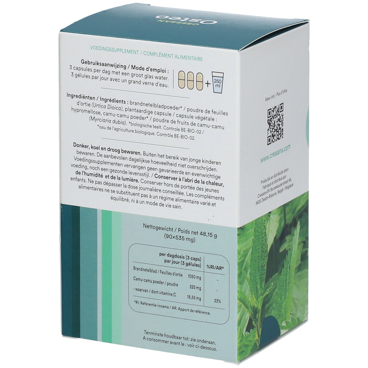 Dos de la boîte Cressana Osteo. Dosage, ingrédients, avertissements, poids net 48,15g.