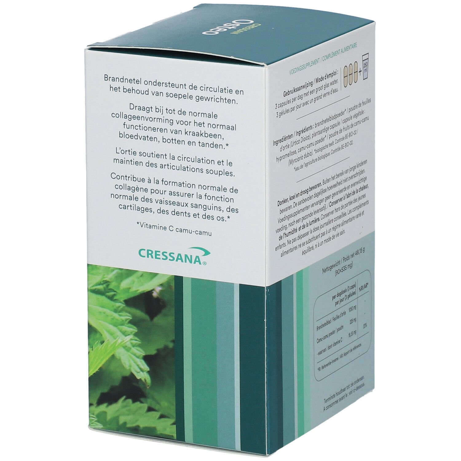 Côté de la boîte Cressana Osteo. Description des ingrédients, 90 gélules, logo Cressana.