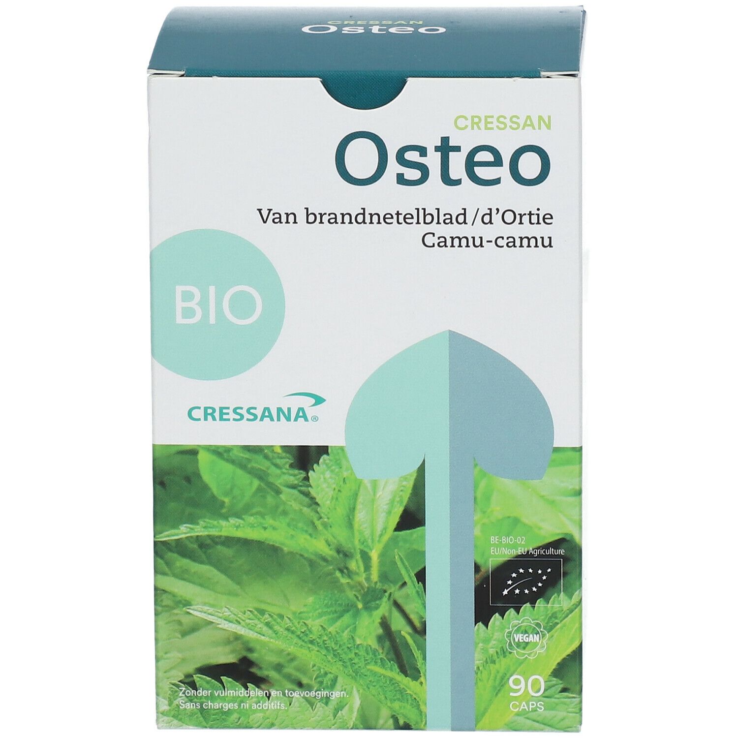 Boîte Cressana Osteo. Label BIO, 90 gélules. Contient feuille d'ortie et camu-camu.
