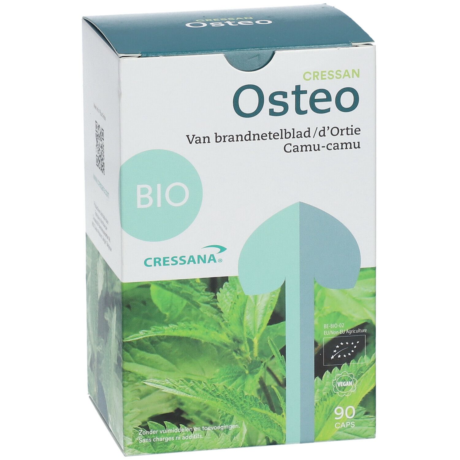 Boîte Cressana Osteo. Label BIO, 90 gélules. Contient feuille d'ortie et camu-camu.