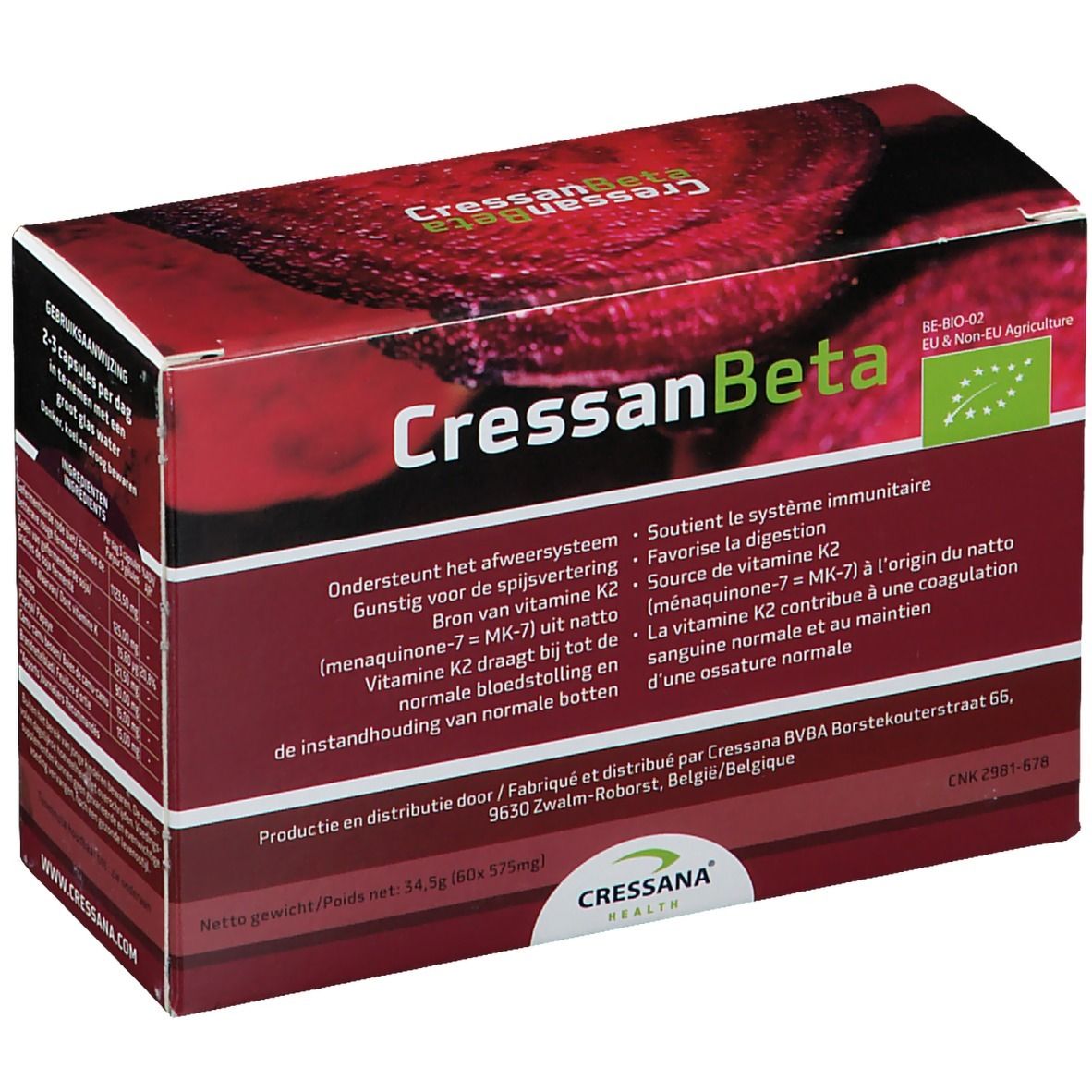 Boîte CressanBeta. Texte blanc sur fond rouge. Label bio UE. Informations multilingues.