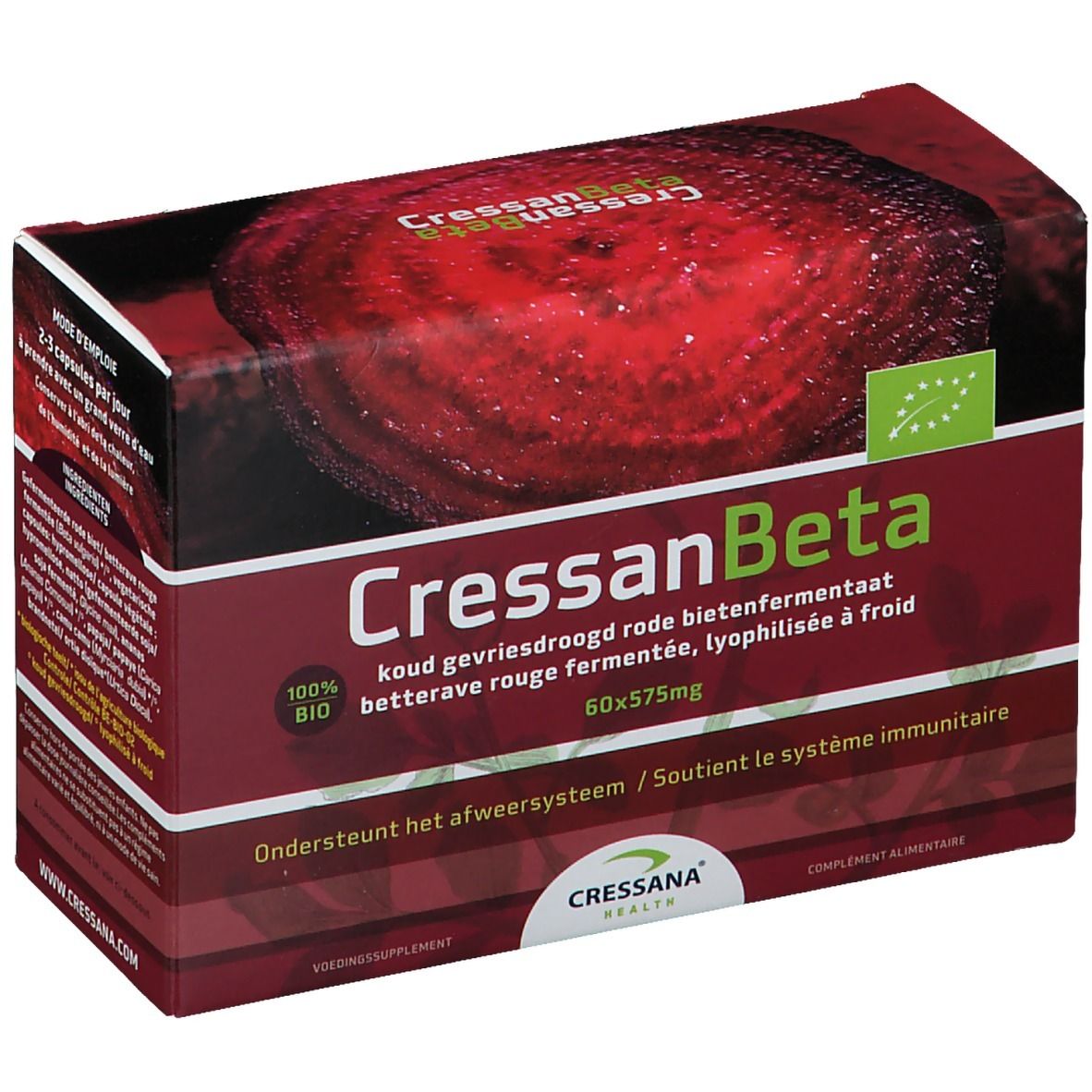 Emballage CressanBeta. Fond rouge, texte blanc. Label 100% bio. Contient 60 gélules.