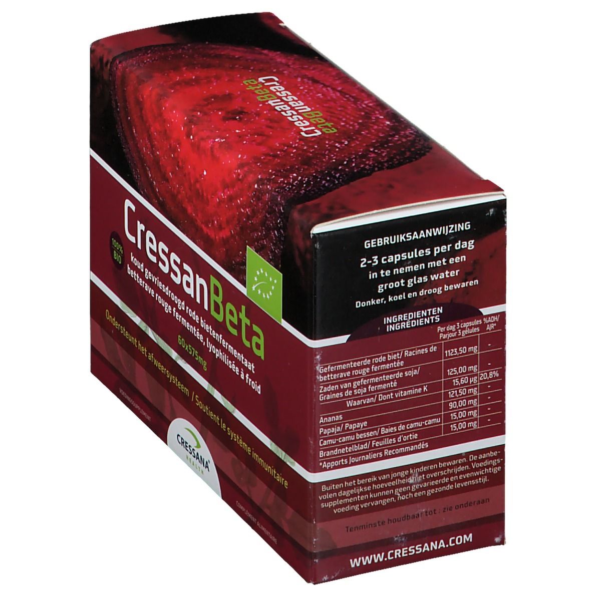 Emballage CressanBeta. Fond rouge, texte blanc. Mode d'emploi et liste des ingrédients.