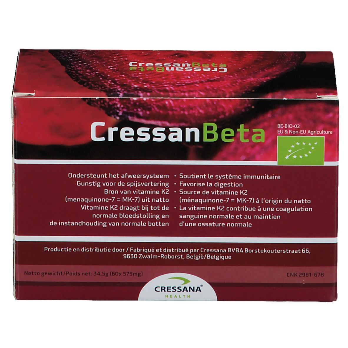 Boîte CressanBeta. Fond rouge, texte blanc. Label bio UE. Informations multilingues.