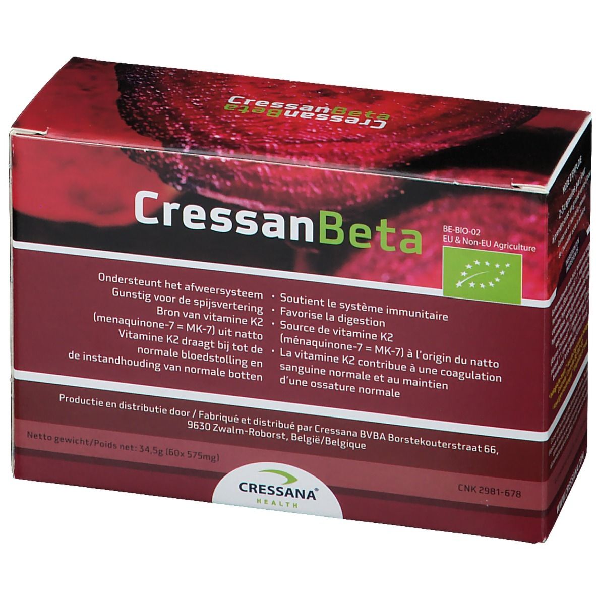 Boîte CressanBeta. Fond rouge, texte blanc. Label bio UE. Informations multilingues.