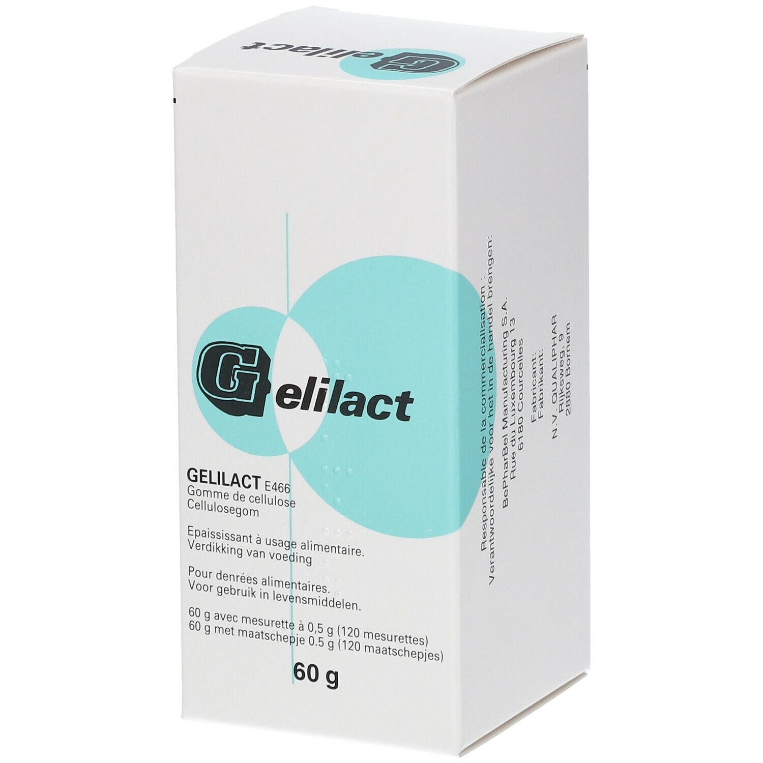 Weiße Schachtel mit Produktinformationen und dem Logo von Gelilact. Aufdrucke in mehreren Sprachen.
