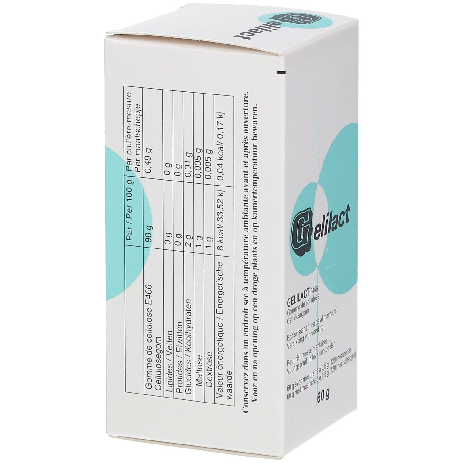 Weiße Schachtel mit Produktinformationen und dem Logo von Gelilact. Aufdrucke in mehreren Sprachen.