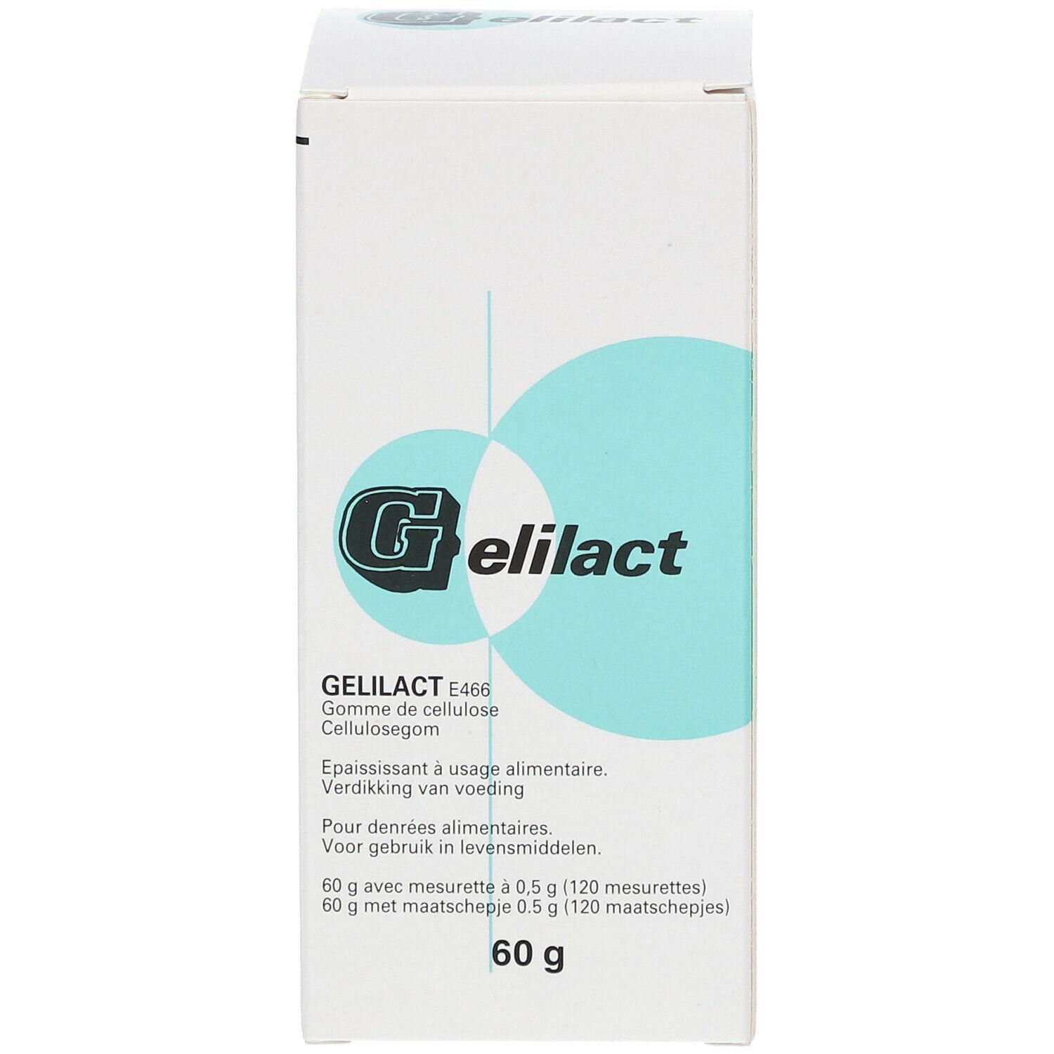 Weiße Schachtel mit Produktinformationen und dem Logo von Gelilact. Aufdrucke in mehreren Sprachen.