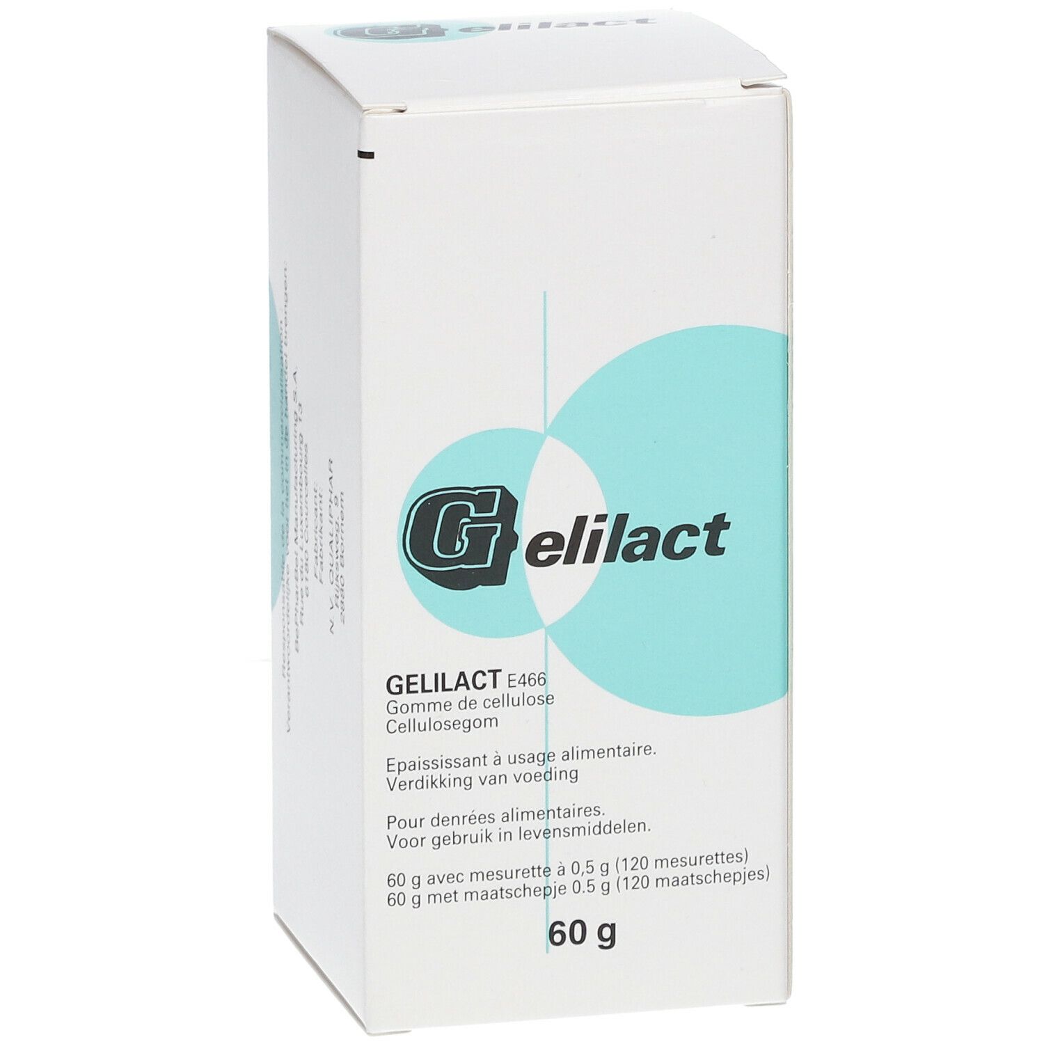 Weiße Schachtel mit Produktinformationen und dem Logo von Gelilact. Aufdrucke in mehreren Sprachen.