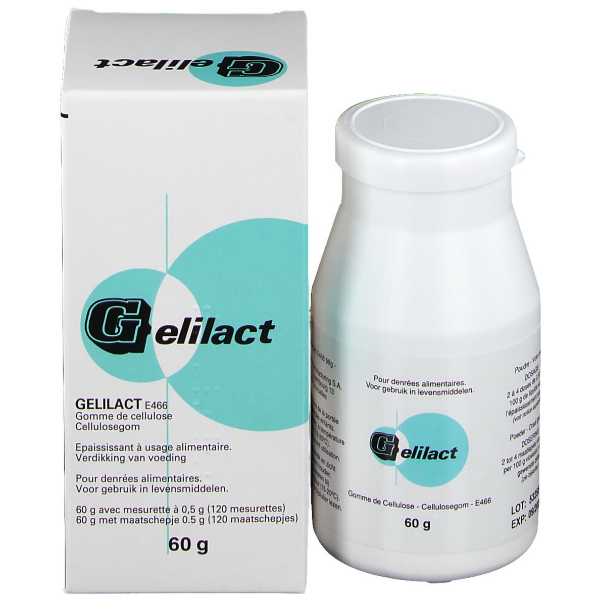 Weiße Dose und Schachtel mit Produktinformationen und dem Logo von Gelilact. Aufdrucke in mehreren Sprachen.