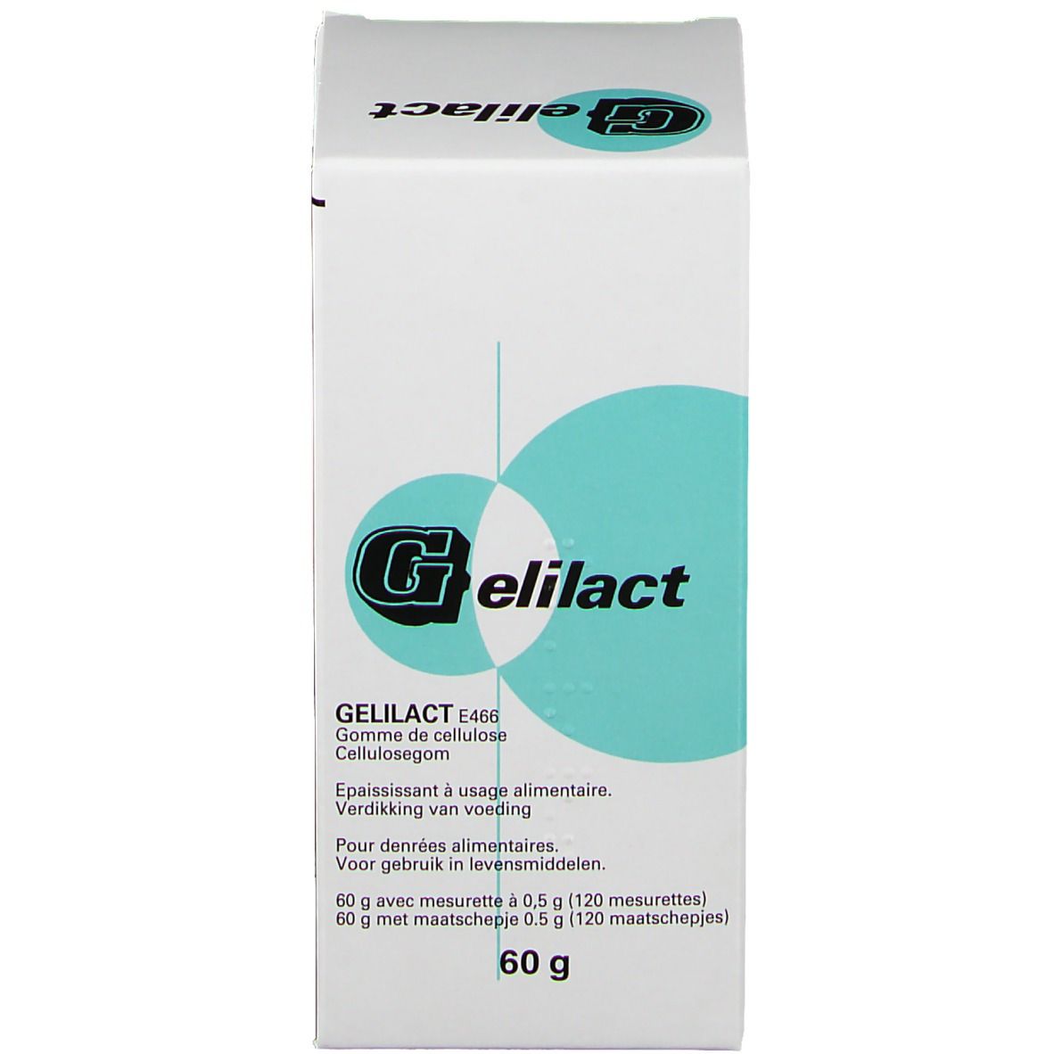 Weiße Schachtel mit Produktinformationen und dem Logo von Gelilact. Aufdrucke in mehreren Sprachen.