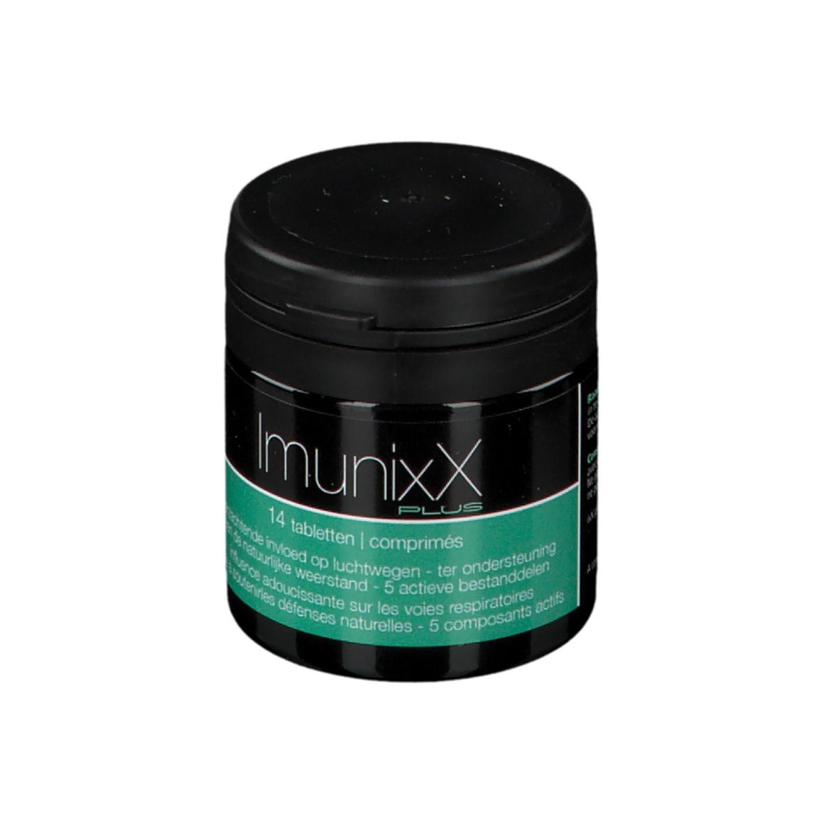 Boîte noire avec étiquette verte. Inscription : ImunixX Plus, 14 comprimés. Texte pour soutenir les voies respiratoires.