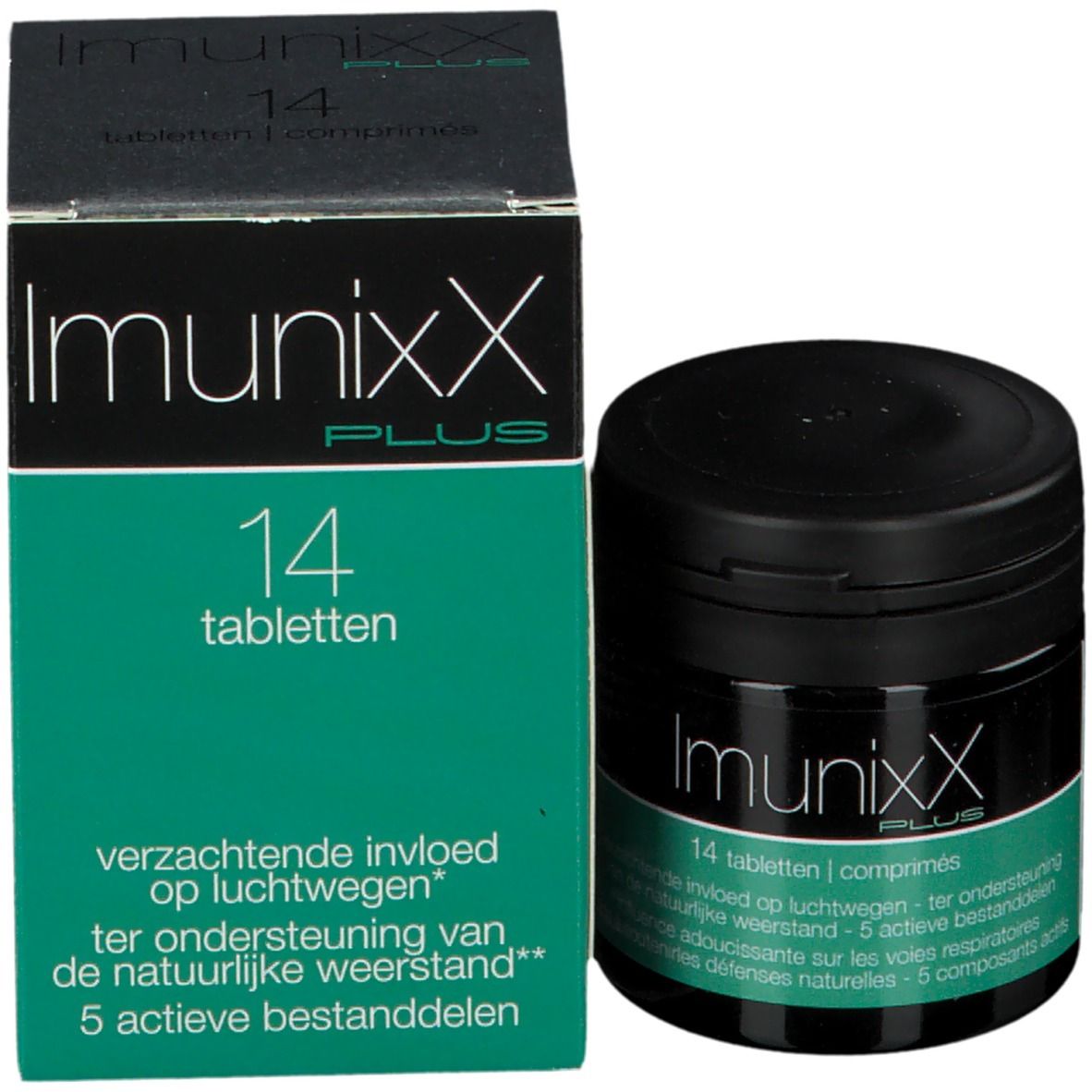 Emballage du produit avec boîte et boîte. Inscription : ImunixX Plus, 14 comprimés. Texte pour soutenir les voies respiratoires.