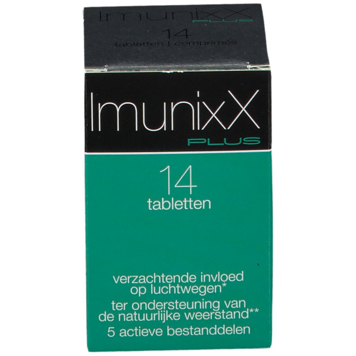 Emballage du produit, boîte. Inscription : ImunixX Plus, 14 comprimés. Texte pour soutenir les voies respiratoires.