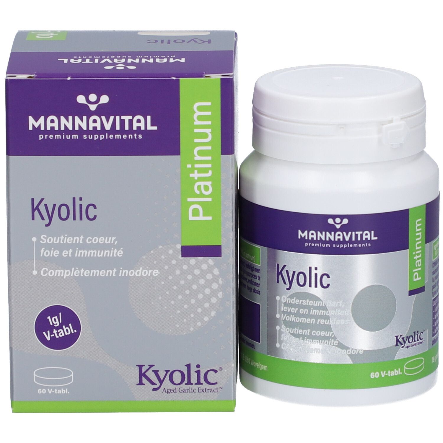 Emballage du produit : flacon et boîte. Inscription : Mannavital, Kyolic Platinum. Contient 60 comprimés.
