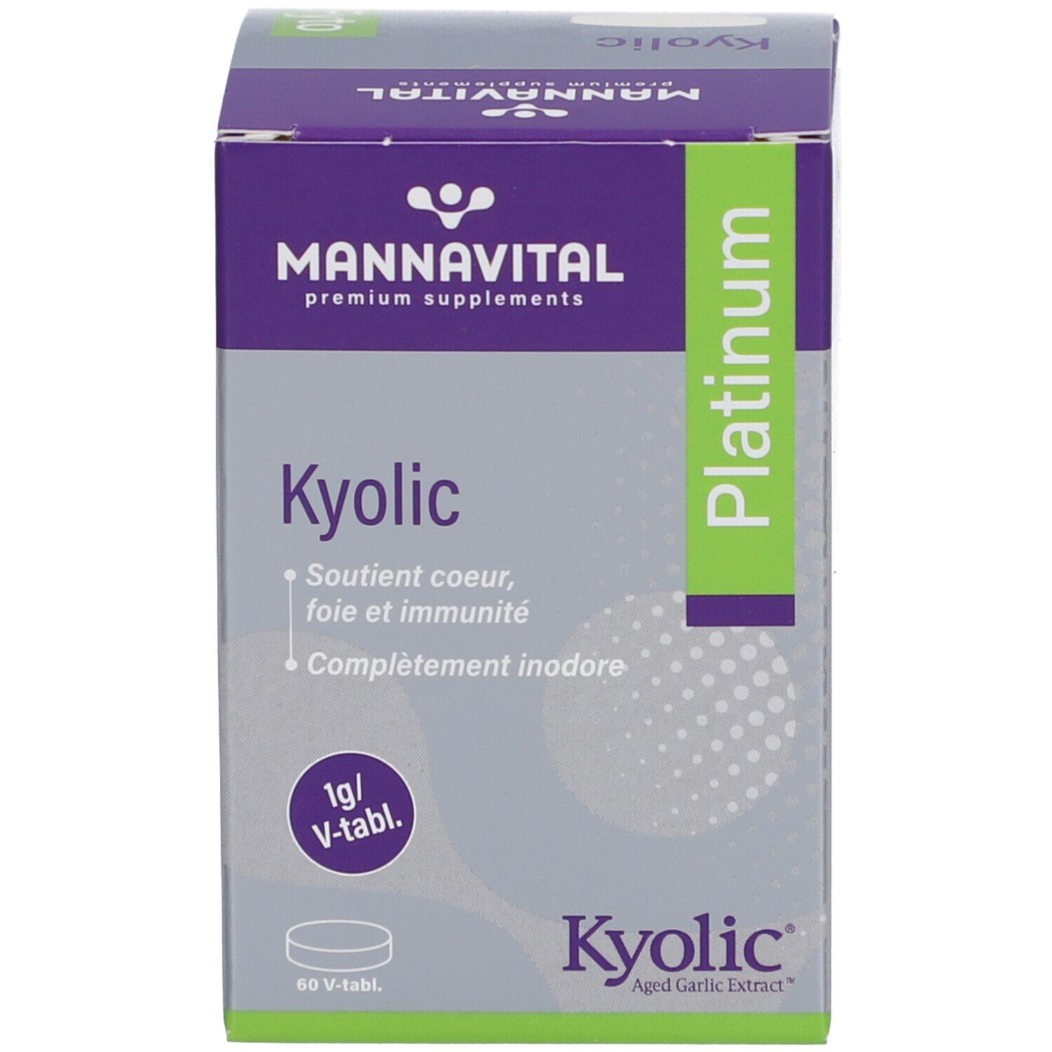 Emballage du produit : boîte. Inscription : Mannavital, Kyolic Platinum. Contient 60 comprimés.