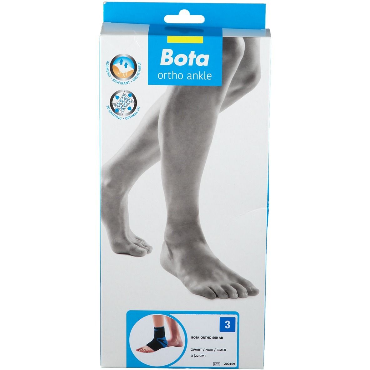 Attelle de cheville BOTA en emballage. Taille 3, noir. Illustration d'une jambe. Nom du produit et logos.