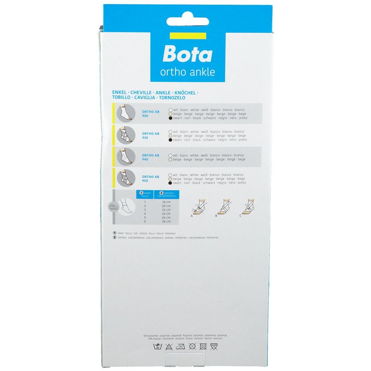 Dos de l'emballage. Attelle de cheville BOTA. Informations sur les tailles et le produit. Étiquetage multilingue.