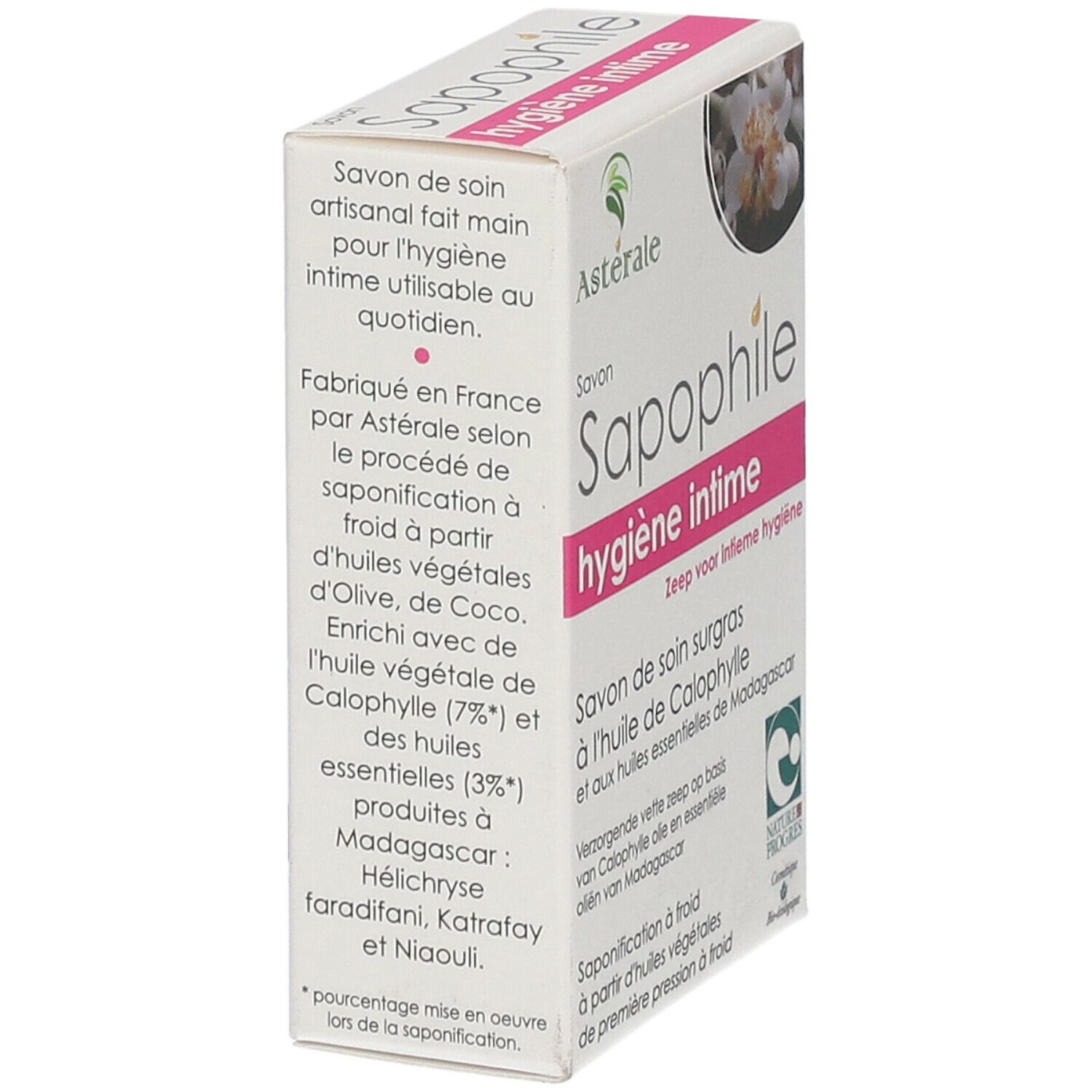 Schachtel mit Produktnamen und Text. Französische und niederländische Texte. Zertifizierung.