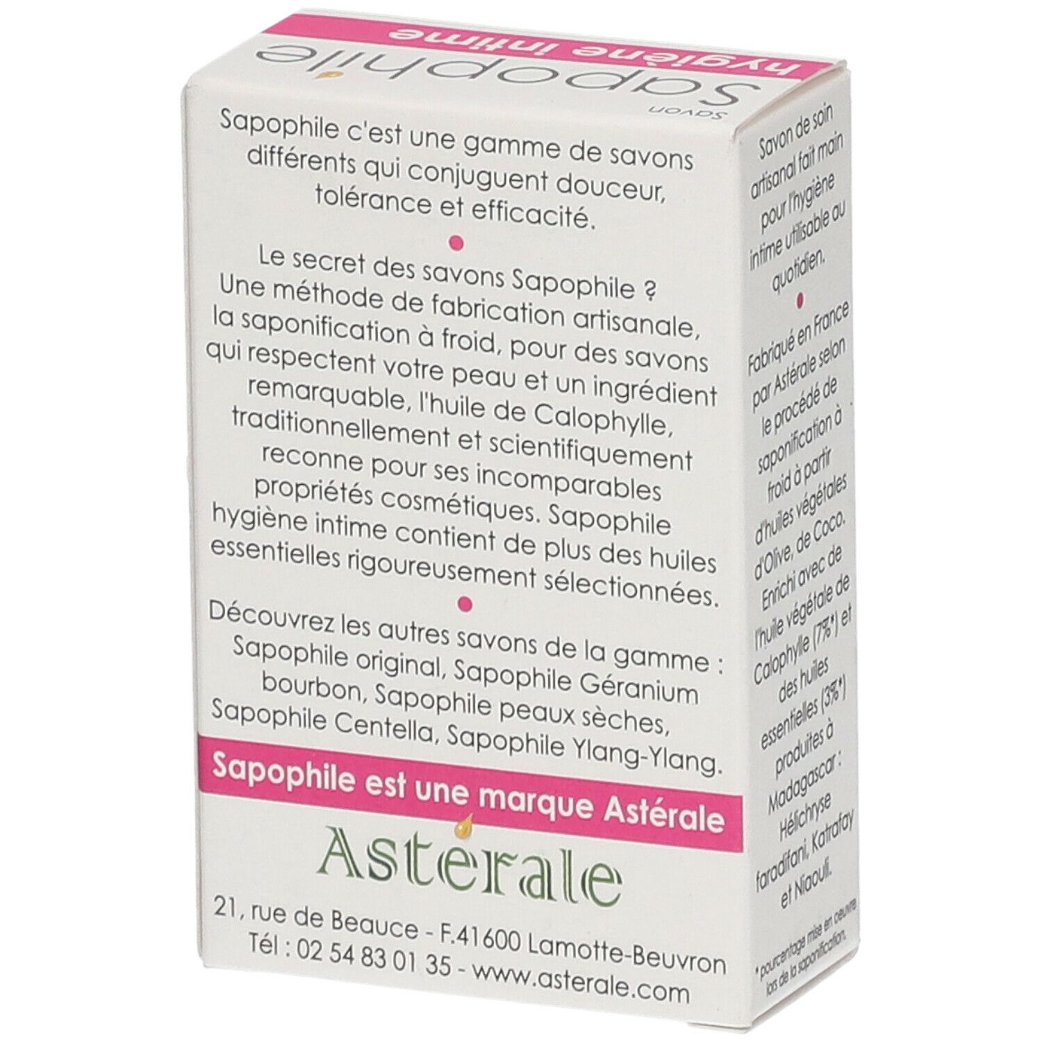 Produktverpackung mit Text. Französische Texte. Logo und Adresse.