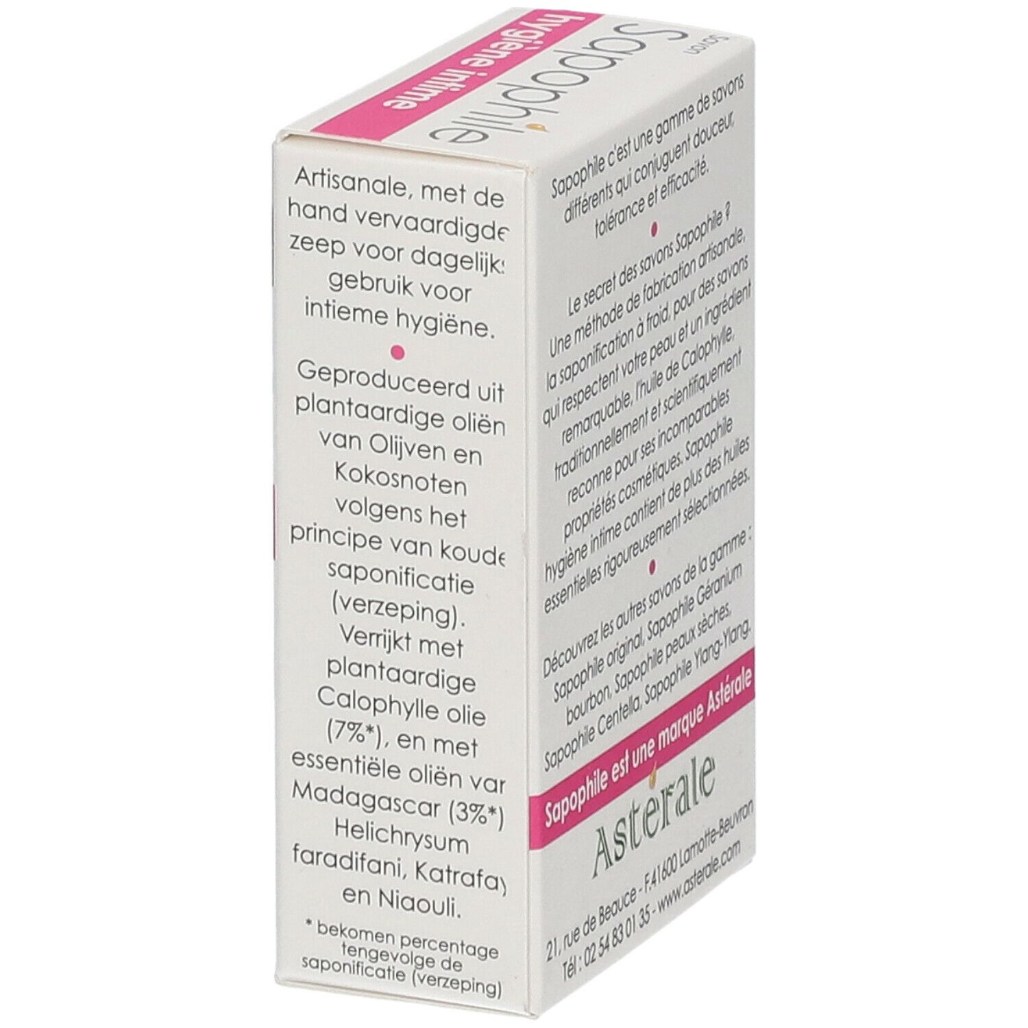 Produktverpackung mit Text. Französische und niederländische Texte. Zertifizierung.