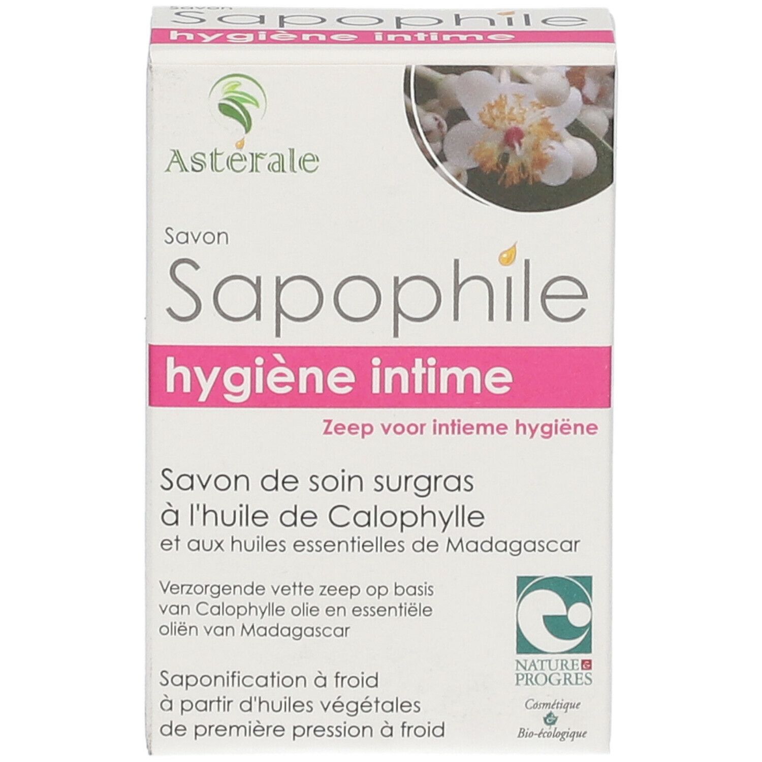 Produktverpackung mit Text. Französische und niederländische Texte. Zertifizierung.