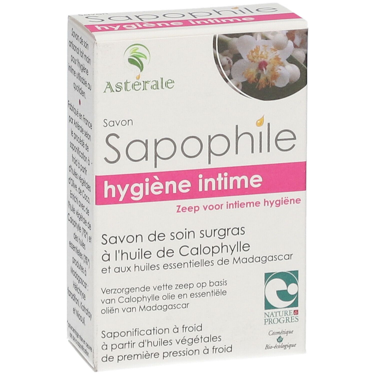 Produktverpackung mit Text. Französische und niederländische Texte. Zertifizierung.