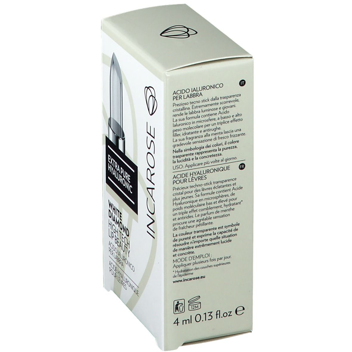 Emballage incliné de INCAROSE White Diamond Hightech Lippenpflege. Texte: Acide Hyaluronique pour lèvres. 4 ml. Description du produit en italien et français.