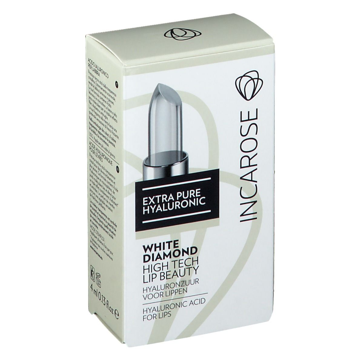 Boîte blanche avec soin des lèvres. Nom du produit: INCAROSE White Diamond Hightech Lippenpflege. Contient de l'acide hyaluronique. Image du produit.