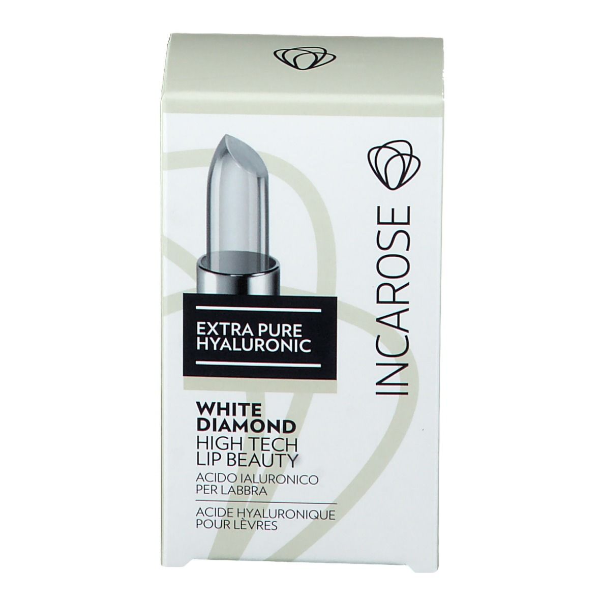 Boîte blanche avec soin des lèvres. Nom du produit: INCAROSE White Diamond Hightech Lippenpflege. Contient de l'acide hyaluronique. Image du produit.