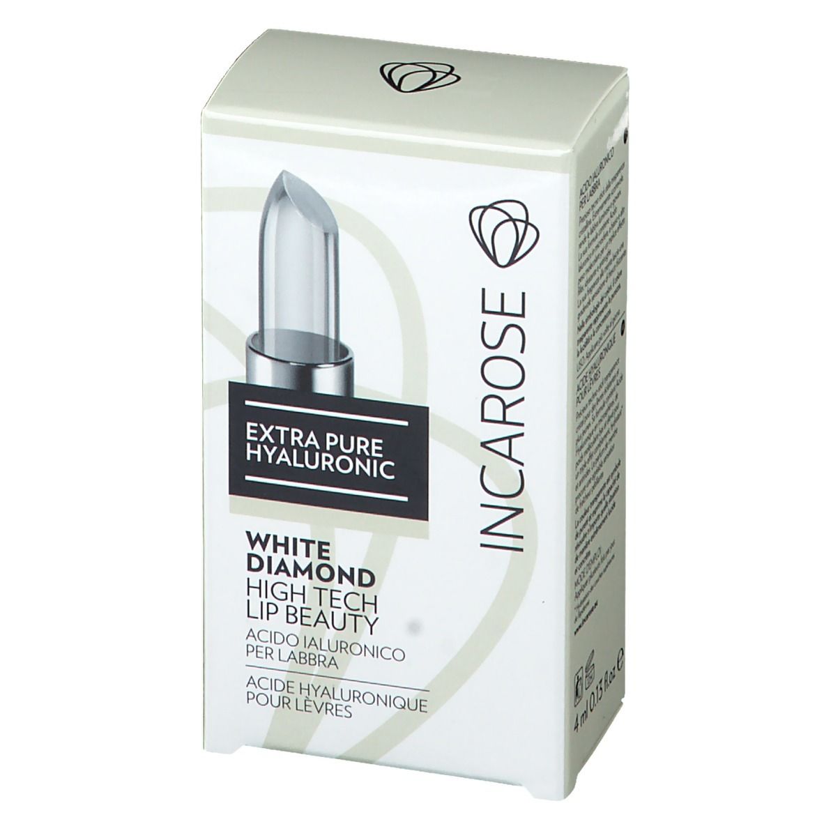 Emballage incliné de INCAROSE White Diamond Hightech Lippenpflege. Texte: Acide Hyaluronique pour lèvres. 4 ml. Image du produit.