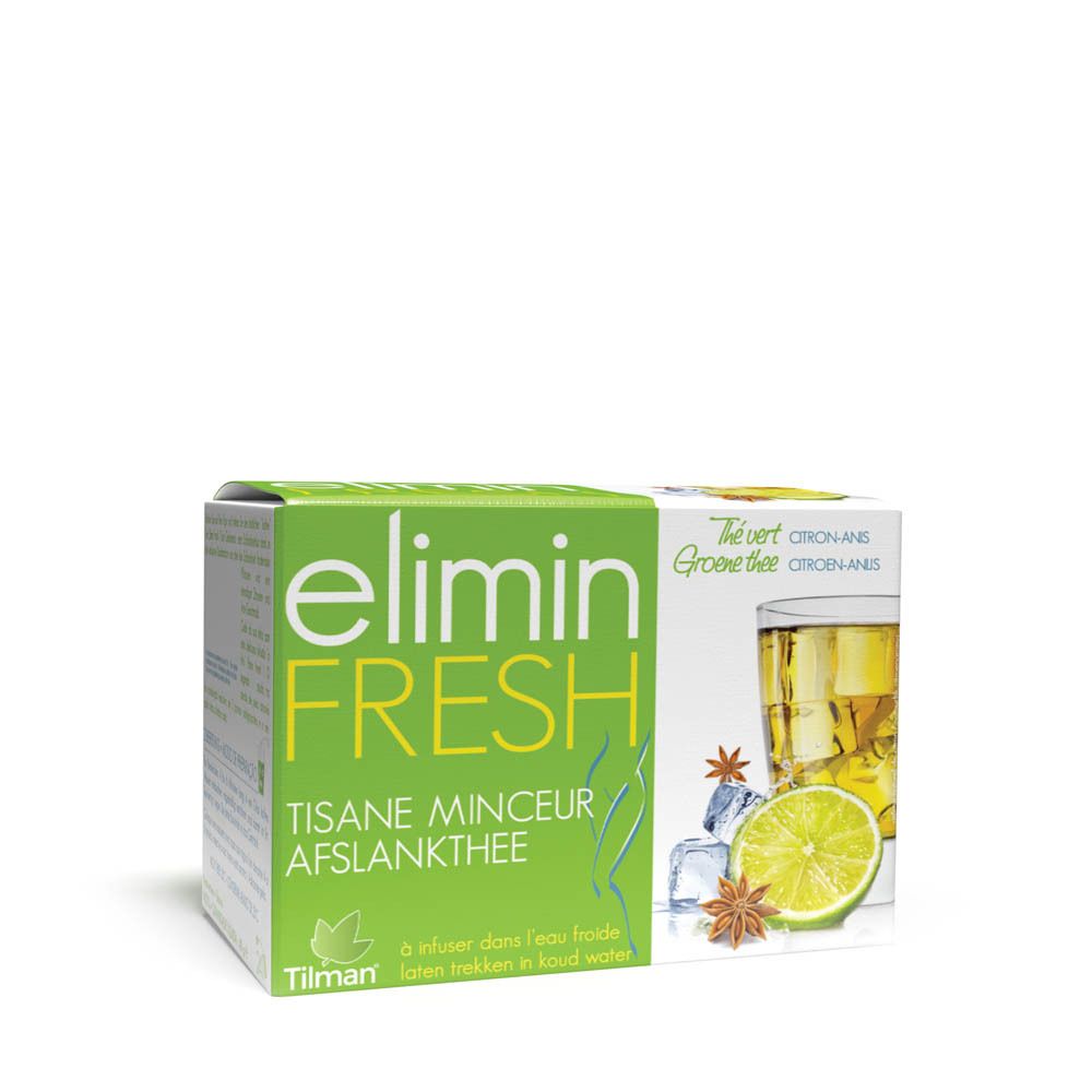 Boîte elimin FRESH. Vert et blanc, avec nom du produit et illustrations de thé, citron et anis.