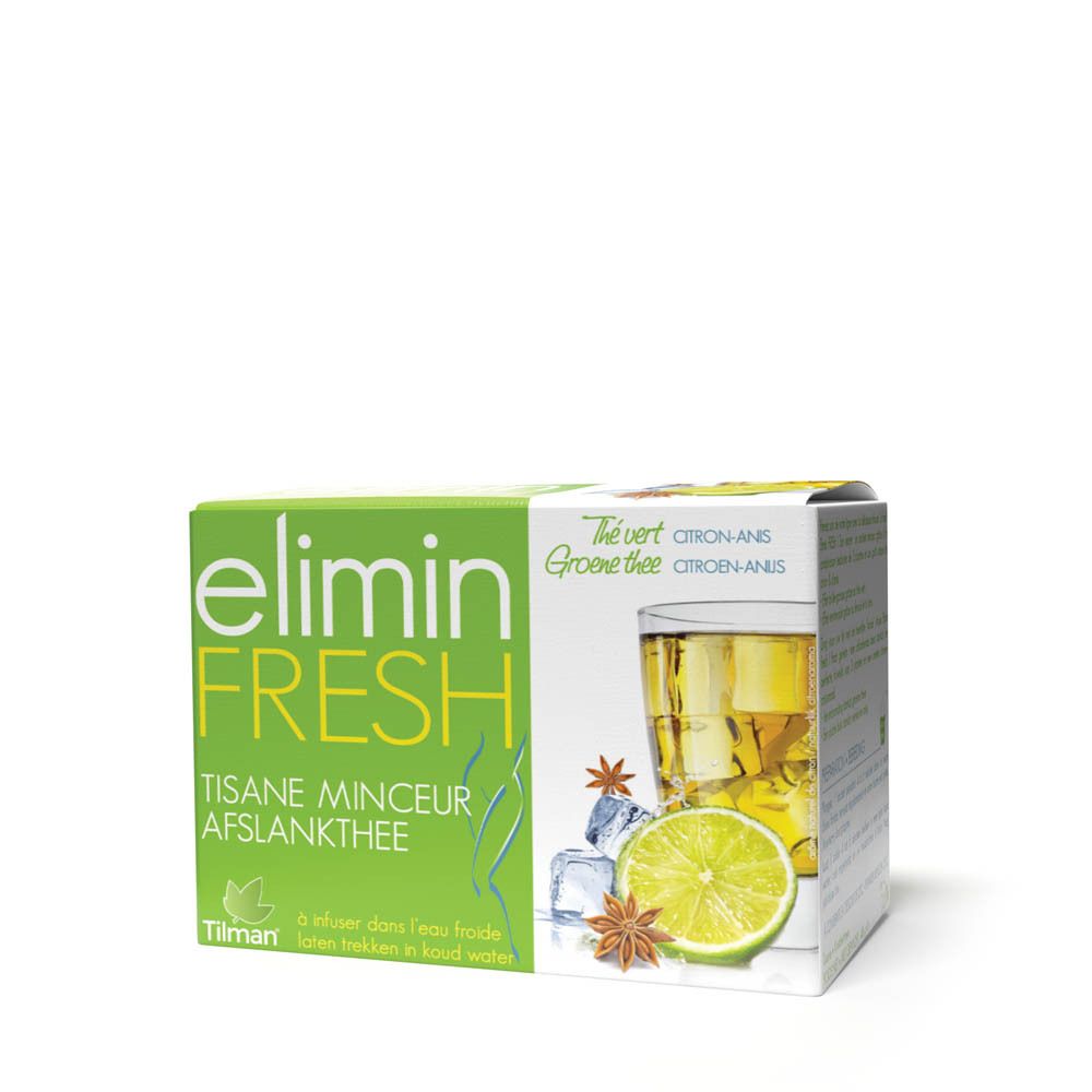 Boîte elimin FRESH. Vert et blanc, avec nom du produit et illustrations de thé, citron et anis.