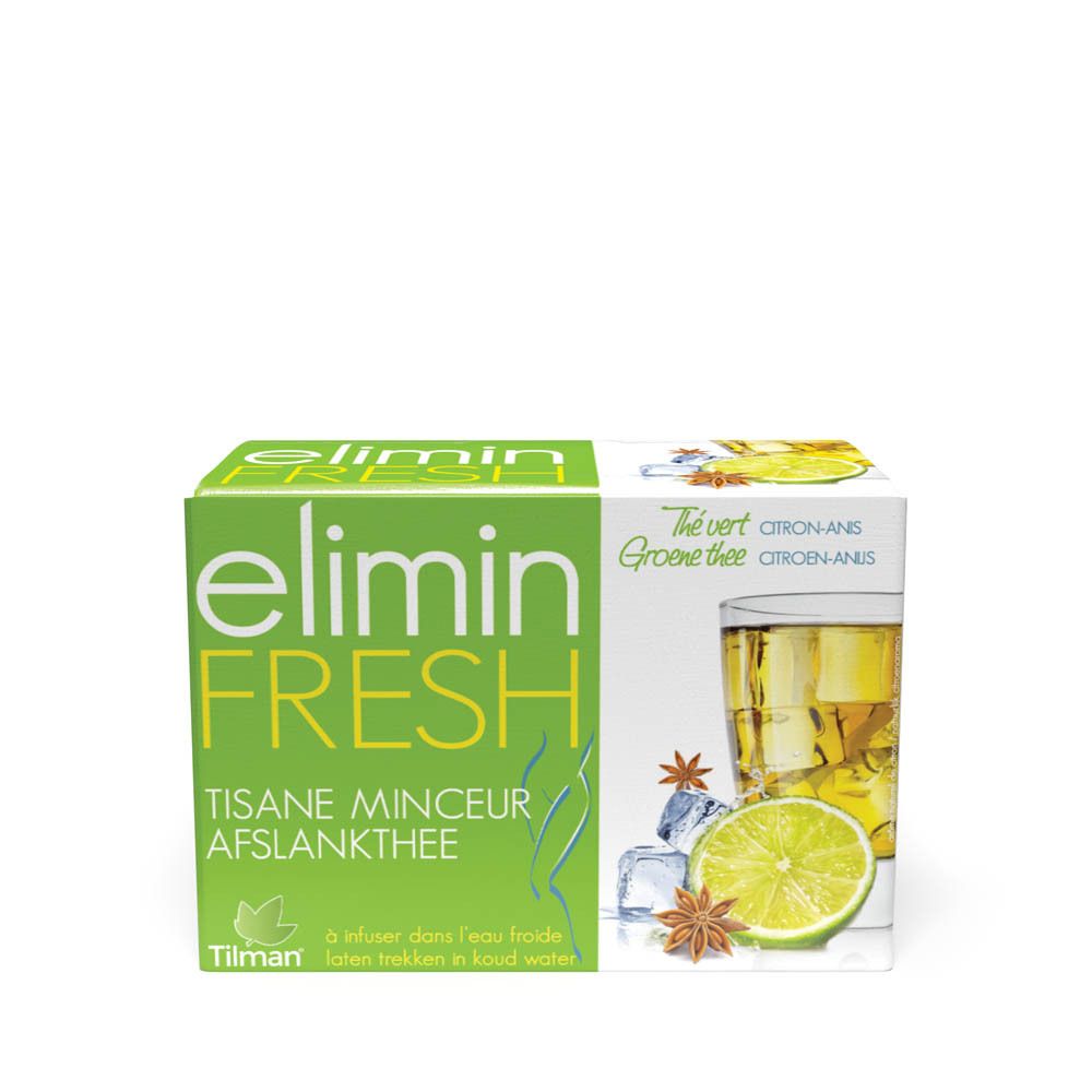 Boîte elimin FRESH. Vert et blanc, avec nom du produit et illustrations de thé, citron et anis.