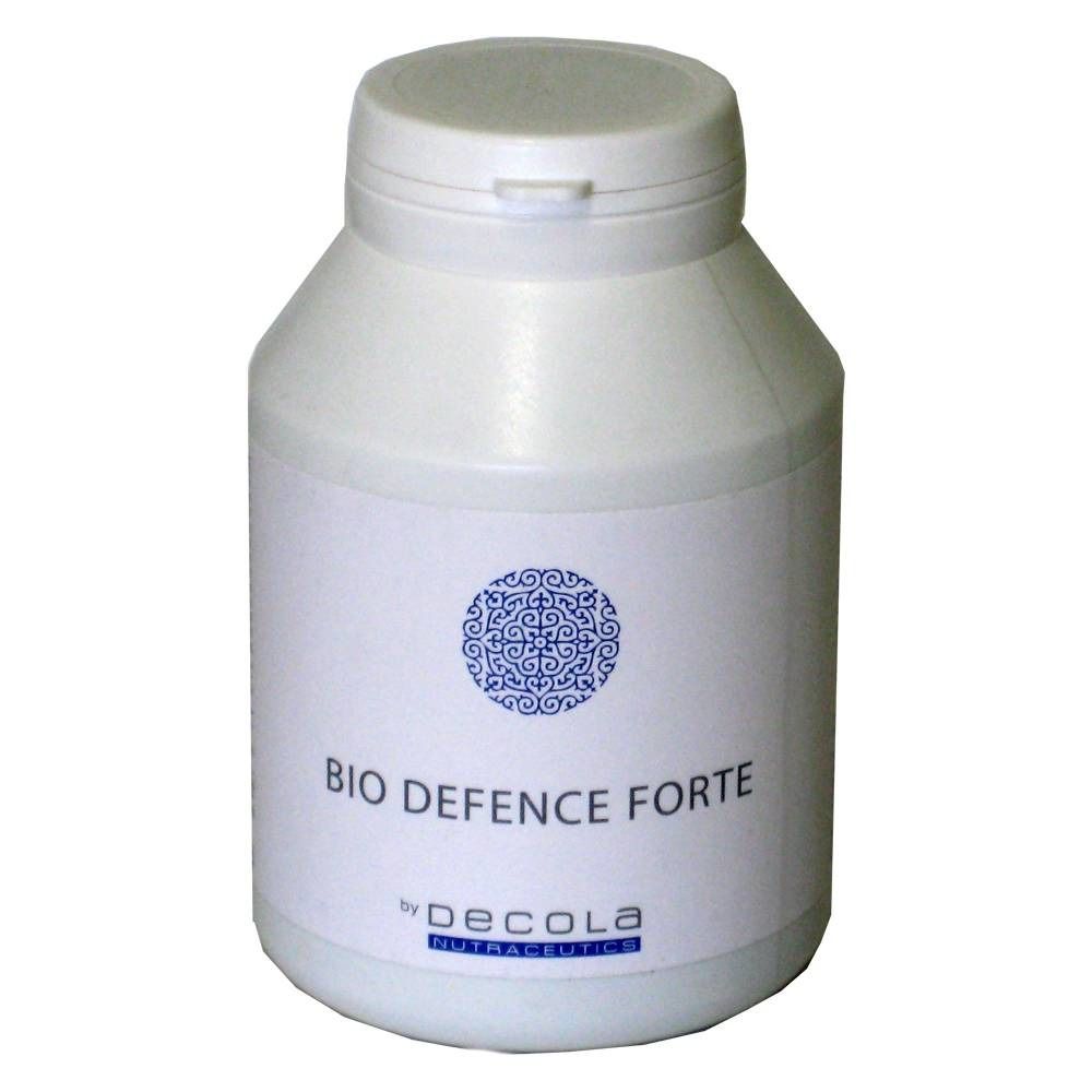 Weiße Flasche mit Schraubverschluss. Aufschrift: BIO DEFENCE FORTE. Logo und Schriftzug: by Decola Nutraceuticals.
