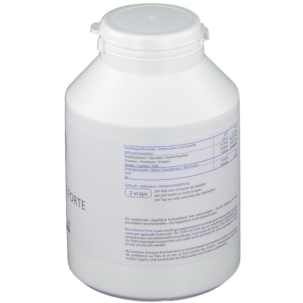 Weiße Flasche mit Schraubverschluss. Rückseite mit Text und Tabellen. Enthält Informationen zu Nährwerten und Anwendung.