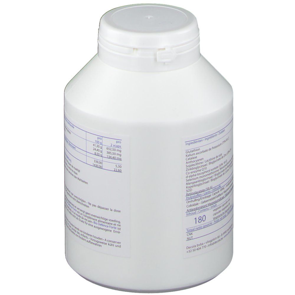 Weiße Flasche mit Schraubverschluss. Rückseite mit Text und Tabellen. Enthält Informationen zu Inhaltsstoffen und Menge.
