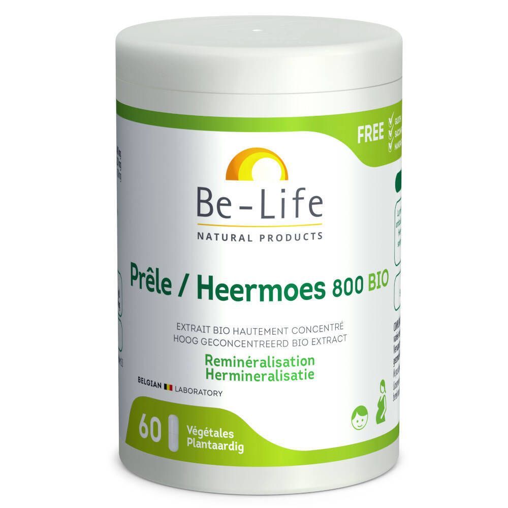 Witte pot met groen etiket. Opschrift: Be-Life, Prêle/Heermoes 800 BIO, 60 capsules. Bio-certificering.