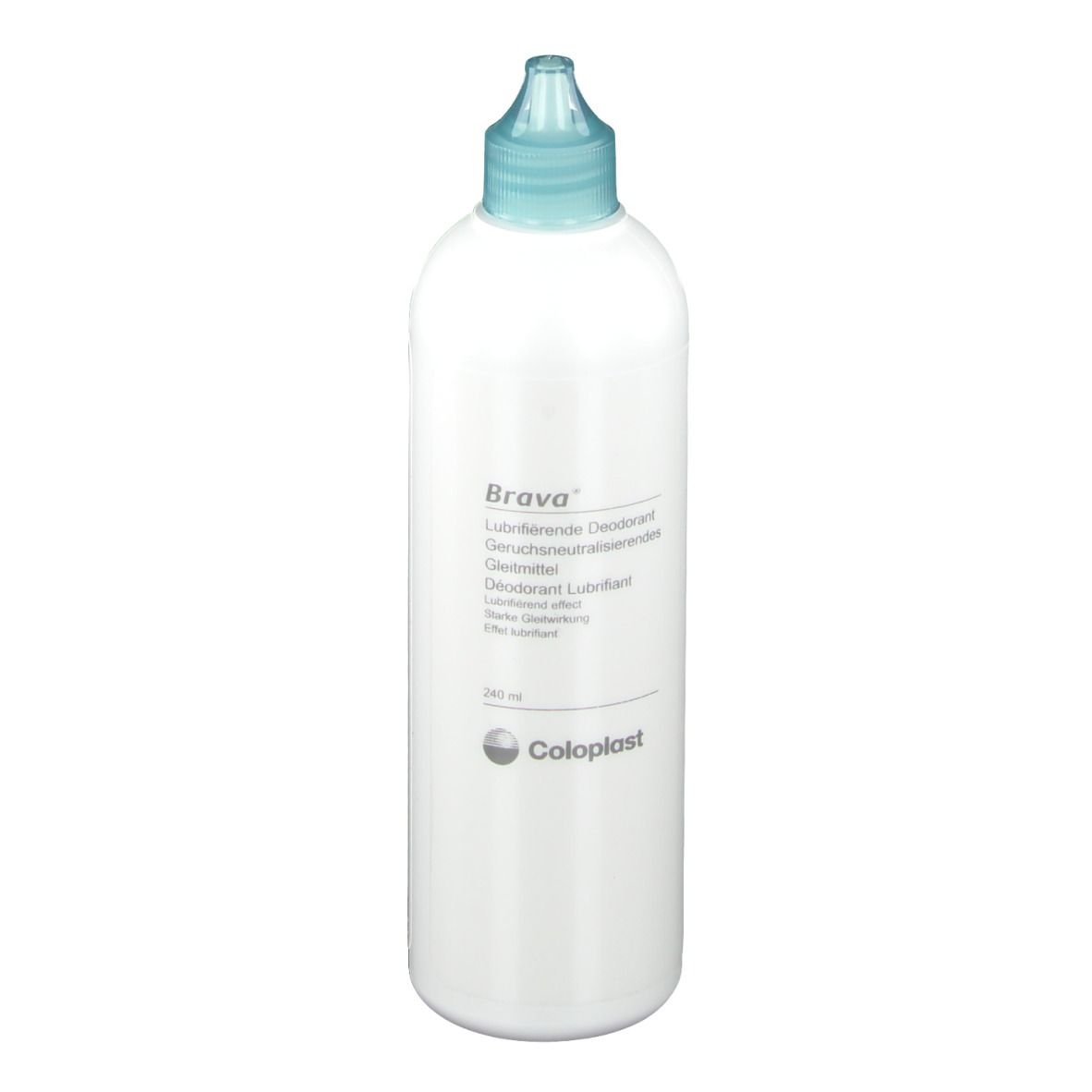 Flacon de Brava Déodorant Lubrifiant. Bouteille blanche avec bouchon bleu. Étiquetage et logo.