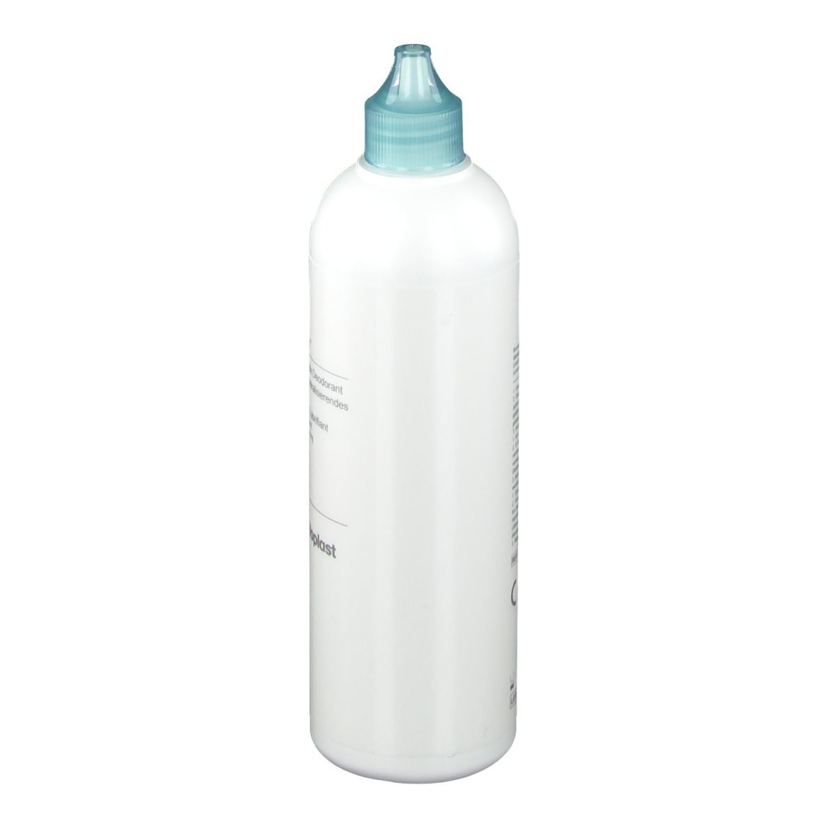 Flacon de Brava Déodorant Lubrifiant, vue latérale. Bouteille blanche avec bouchon bleu. Étiquetage.