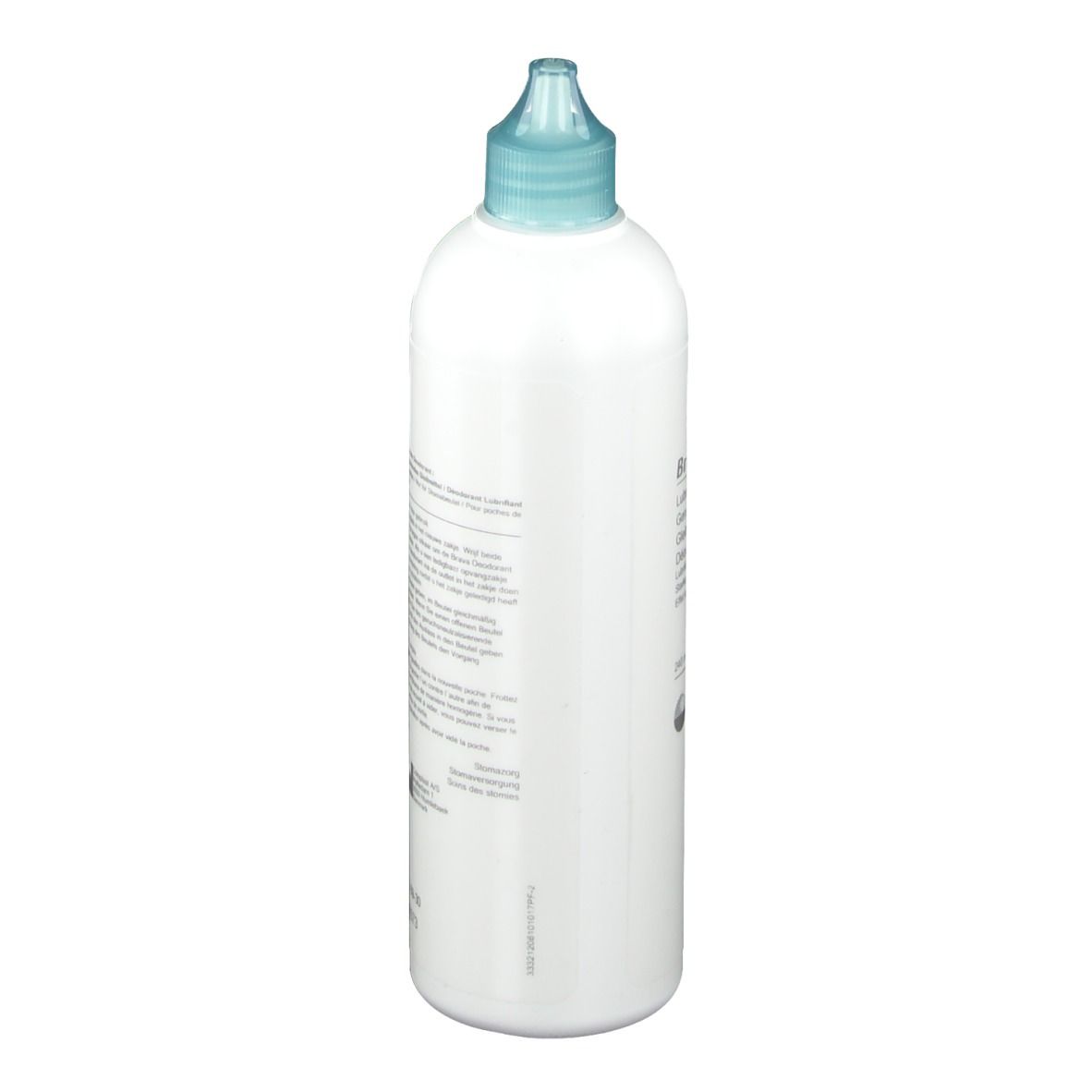 Flacon de Brava Déodorant Lubrifiant, vue latérale. Bouteille blanche avec bouchon bleu. Étiquetage.