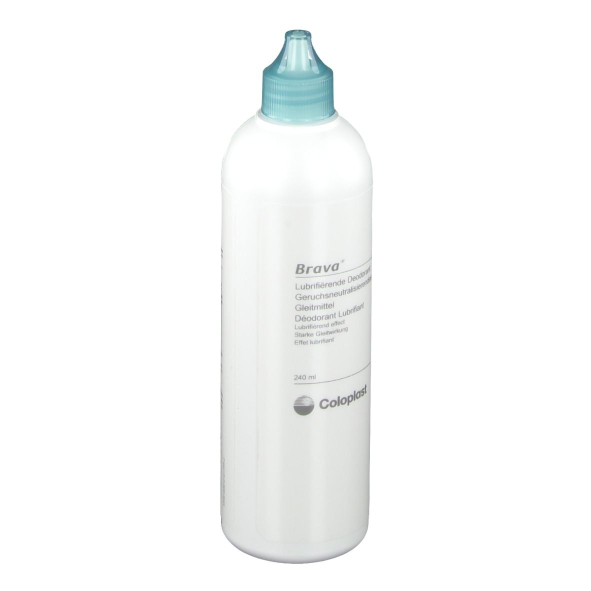 Flacon de Brava Déodorant Lubrifiant. Bouteille blanche avec bouchon bleu. Étiquetage et logo.