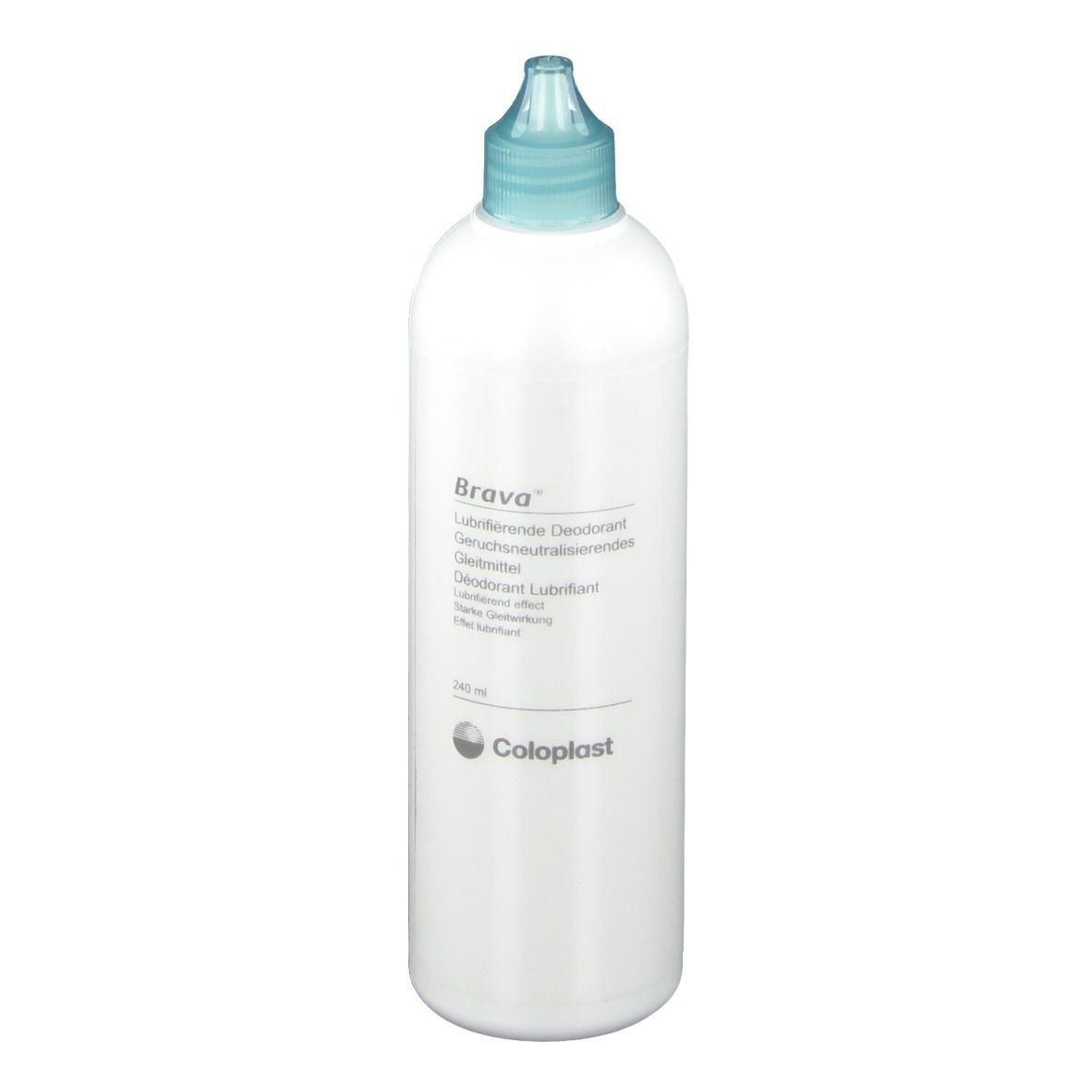 Flacon de Brava Déodorant Lubrifiant. Bouteille blanche avec bouchon bleu. Étiquetage et logo.