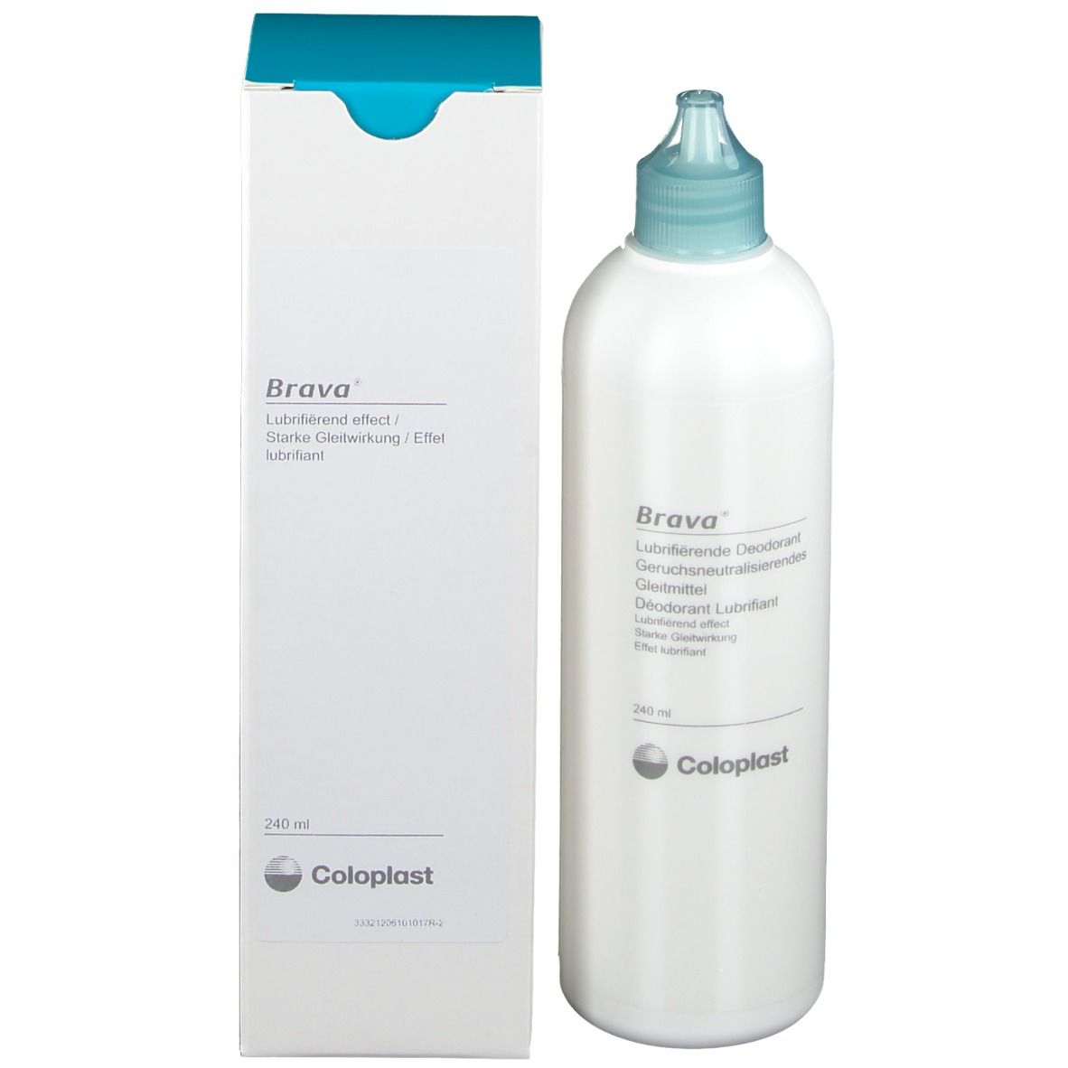 Flacon et emballage de Brava Déodorant Lubrifiant. Bouteille et emballage blancs avec couvercle bleu.